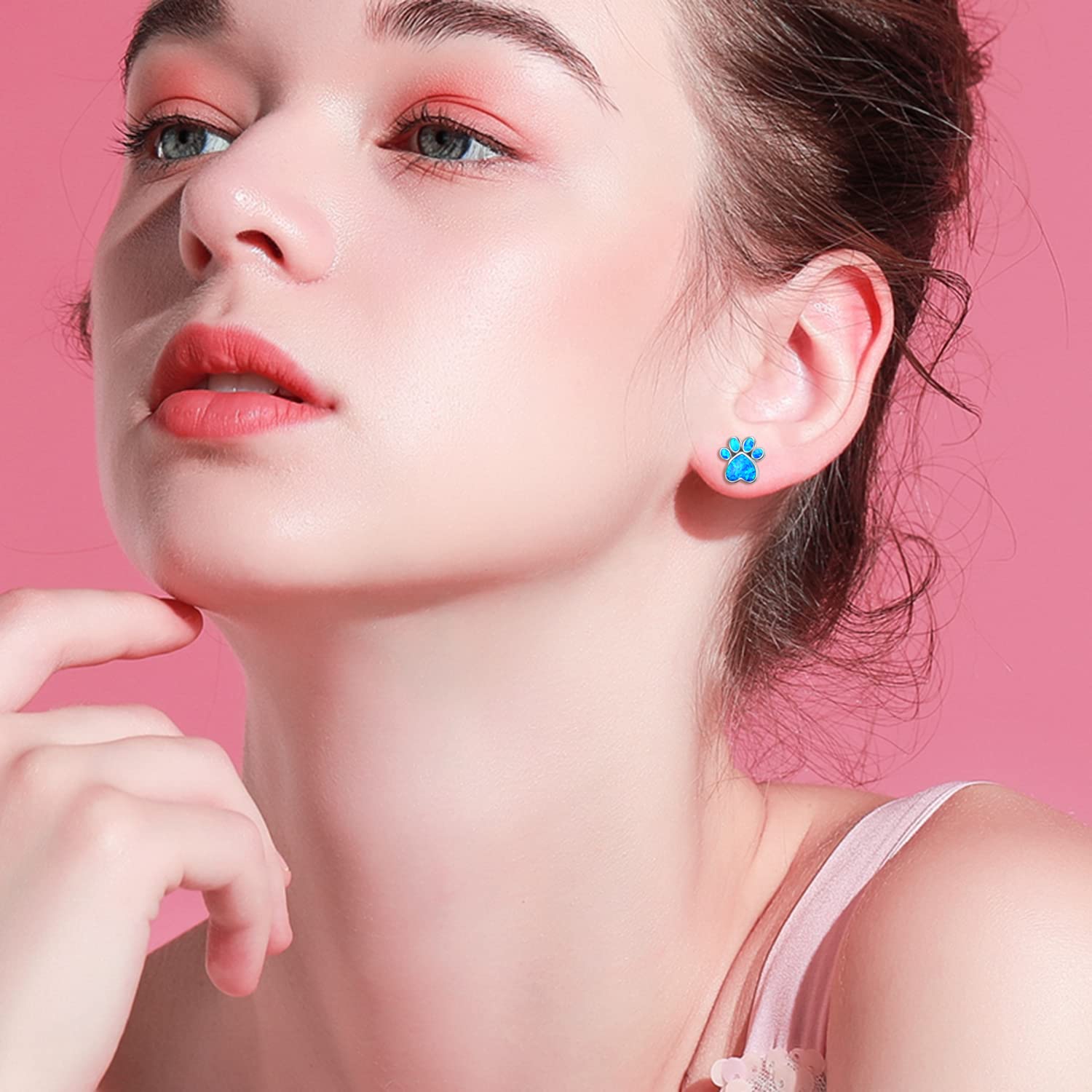 S925 Sterling Silver Pet Paw Print Stud Earrings - Blue Simulated Opal Jewelry for Women | Cute Dog Cat Lover Gift for Everyday Wear & Special Occasions