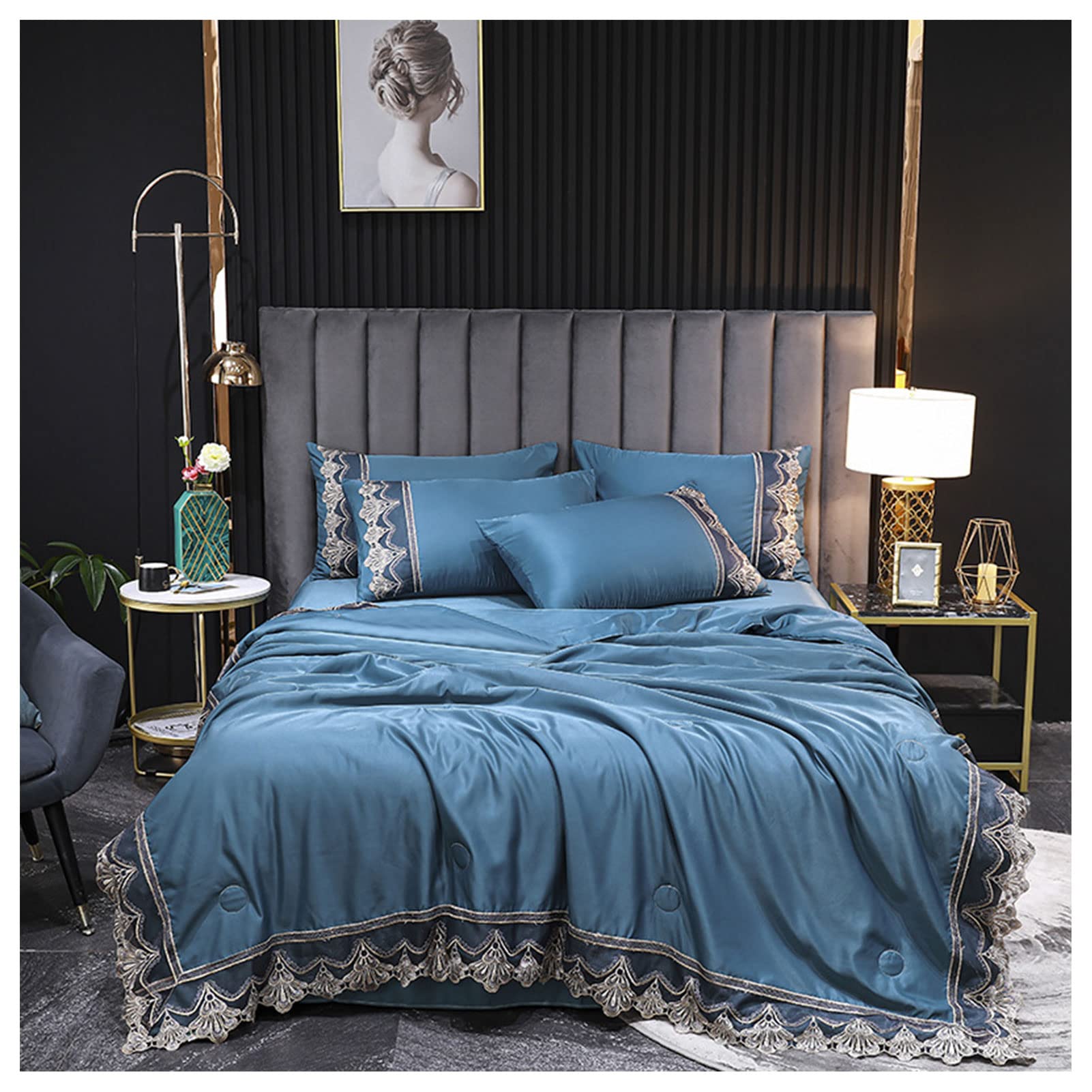 Luxury Washed Silk Summer Cooling Quilt Set - 4 Piece Tencel Air Conditioned Bedding with 2 Pillowcases & Fitted Sheet - Breathable Lightweight Comforter for Hot Sleepers - Perfect Gift for Adults & Teens - Blue 150x200cm (Queen Size) - Ideal for Summer Nights, Guest Rooms & Hot Climate Areas
