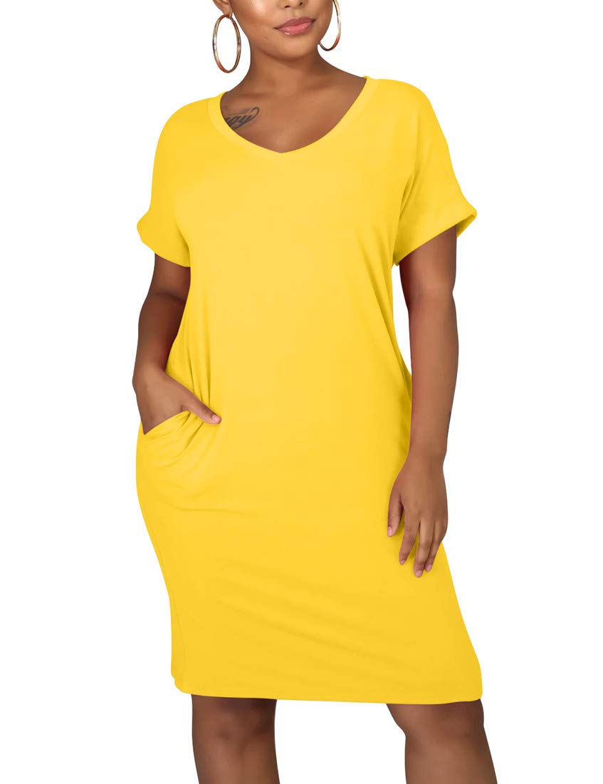 Cailami Women's Summer V-Neck Short Sleeve Midi T-Shirt Dress - Casual Tunic Dress with Pockets for Beach, Vacation & Everyday Wear