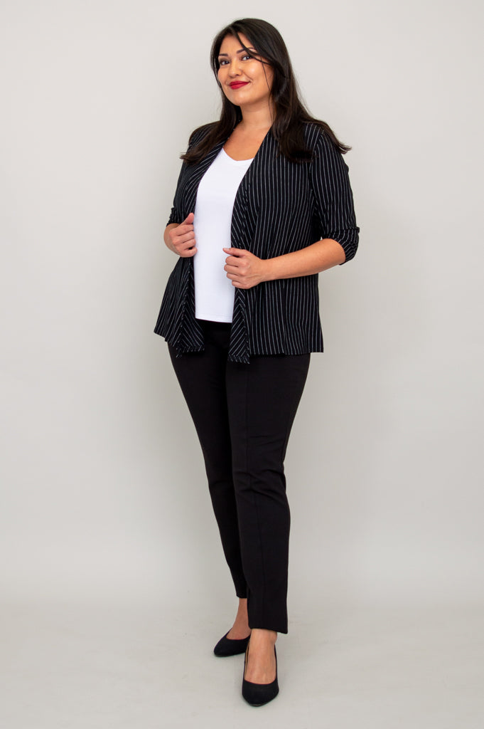 Kathy Jacket Women's Lightweight Blazer - Black & White Pin Stripe Bamboo Fabric - Perfect for Office Wear, Business Meetings & Professional Outfits