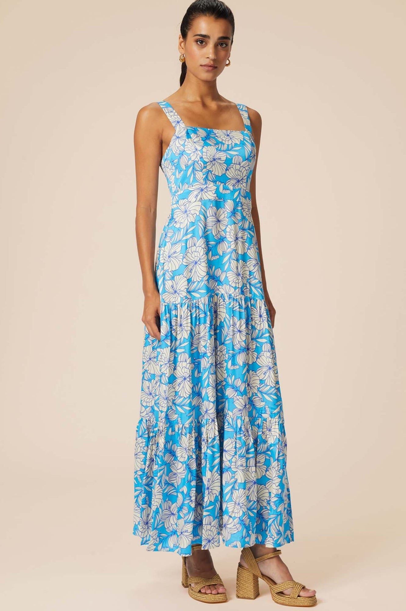 Aurelia Satin Floral Dress - Lined Turquoise and Cream Midi Dress for Women | Perfect for Weddings, Parties & Special Occasions