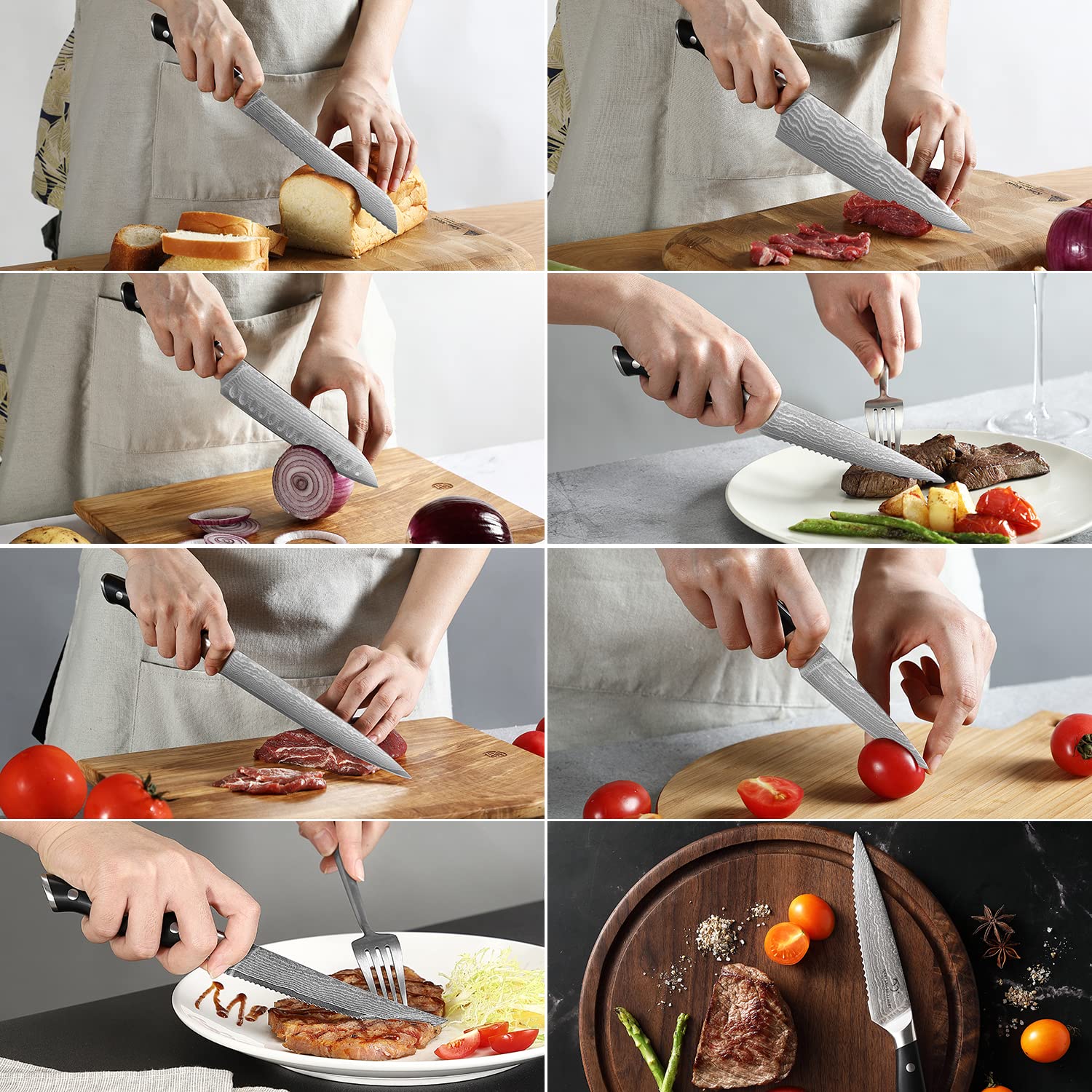 Premium Damascus Steel Kitchen Knife Set - 15-Piece Chef Knife Collection with Wooden Block, Ergonomic ABS Handles, Steak Knives, Knife Sharpener & Shears - Perfect for Home Chefs & Professional Cooking