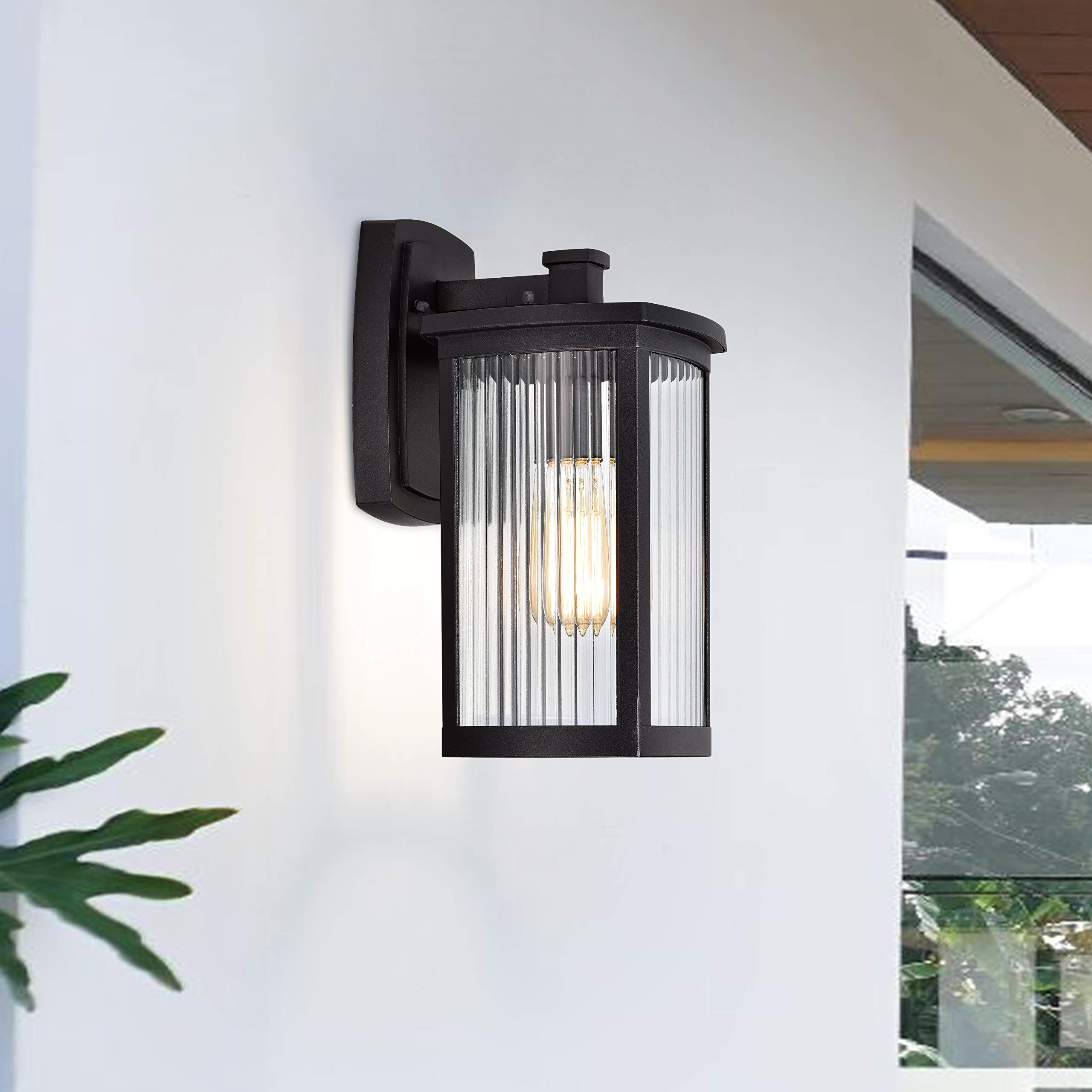 Textured Black Outdoor Wall Sconce - 1 Light Transitional Style, 14