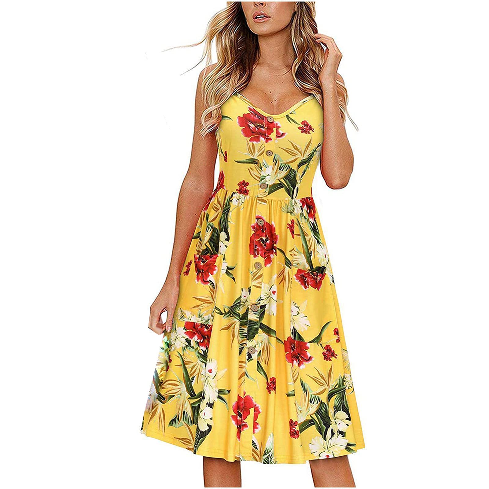 Women's Sunflower Floral Summer Dress - Casual Spaghetti Strap Button Down Swing Midi Dress with Pockets | Perfect for Beach Vacations, Date Nights & Summer Outings