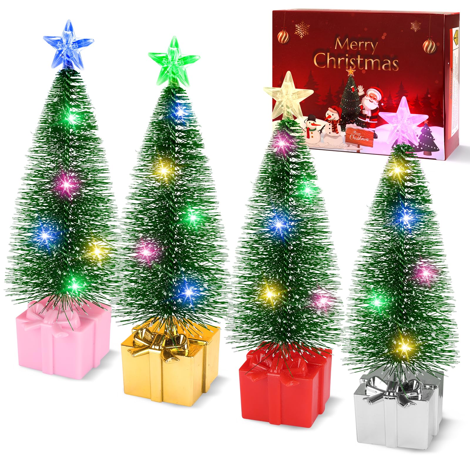 4 Pack Mini Christmas Tree with LED Lights - Small Tabletop Holiday Decor for Indoor Christmas Party, Xmas Centerpieces, Home & Office Decorations - Perfect for Holiday Tables, Mantels & Gift Exchanges
