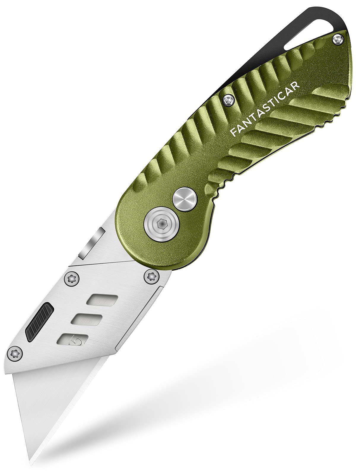 FantastiCAR Folding Utility Knife - Heavy Duty Metal Box Cutter with 5 Extra Blades, Quick Change System & Premium Gift Box - Perfect for Cardboard Cutting, Package Opening, Crafting & Office Use (Retro Green)