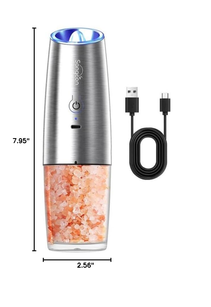 Sangcon Rechargeable Electric Salt and Pepper Grinder Mill - USB-C Powered, No Batteries Needed, Adjustable Coarseness, One-Hand Operation with LED Light - Perfect for Kitchen, Dining Table, Camping & Travel (1pc)