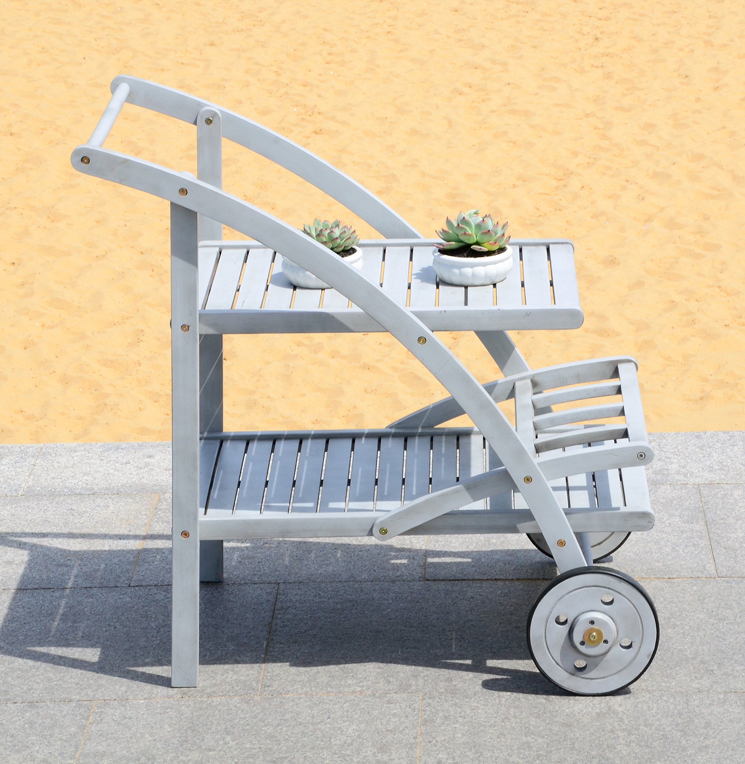 SAFAVIEH Outdoor Collection Lodi Tea Cart - Grey Wash Finish | Rustic Wooden Serving Cart with Wheels | Perfect for Patio, Garden & Indoor Decor