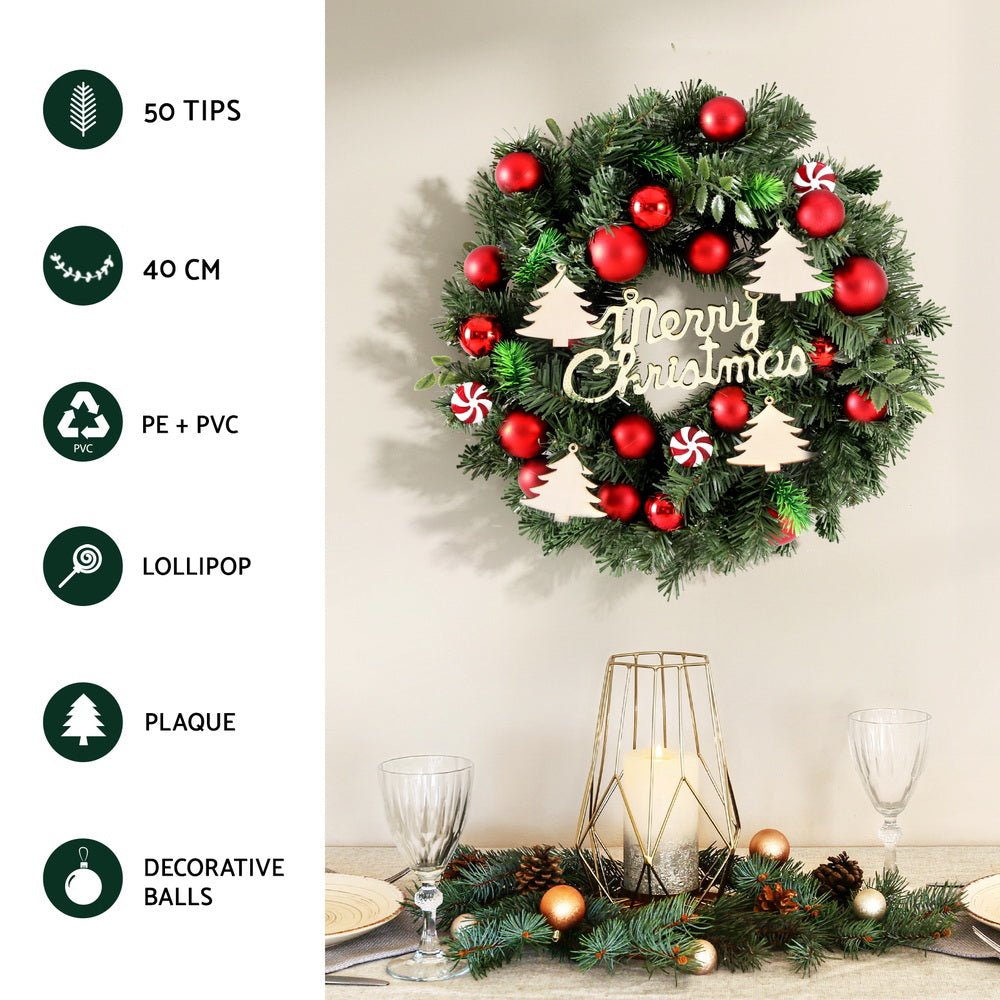 40CM Christmas Wreath with Baubles - Xmas Garland Holiday Decor for Door, Wall, Party & Home Decoration - Perfect for Christmas Tree, Fireplace Mantel and Holiday Festivities
