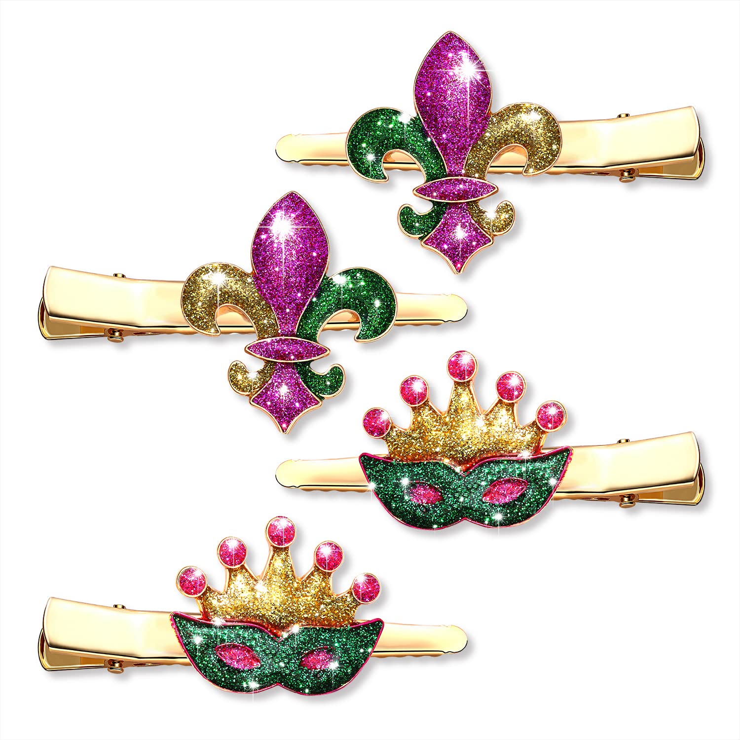 Sparkly Mardi Gras Hair Clips - Cute Fleur De Lis Sequin Barrettes & Glitter Crown Hairpins for Carnival, Festive Parties, Parades & Holiday Celebrations - Perfect Costume Accessories for Women & Girls
