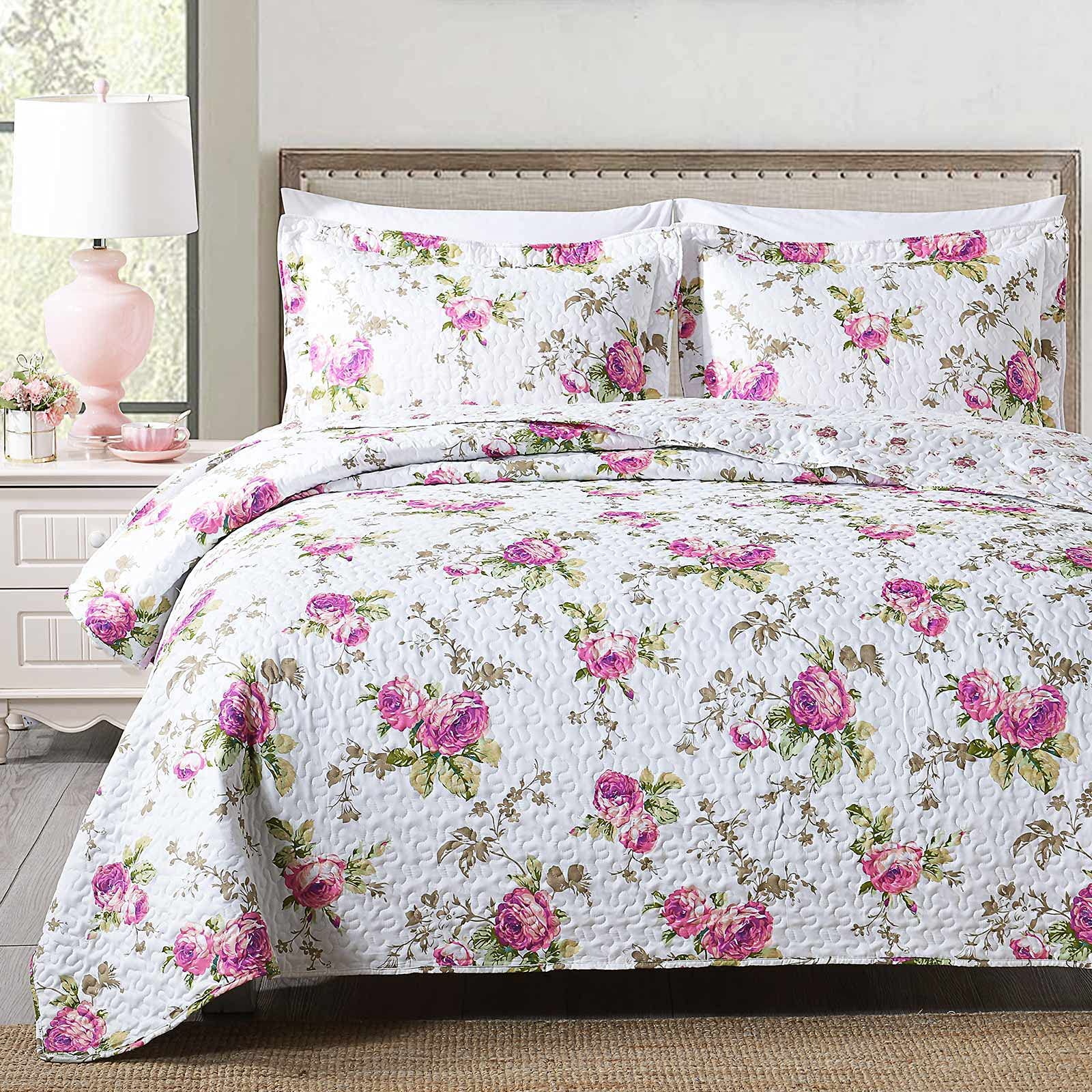 Boryard 3-Piece Full/Queen Quilt Set - Lightweight Soft Bedspread Coverlet (90x90 Inches) with 2 Pillow Shams (20x26 Inches) - Rose Floral Print Bedding for Cozy Bedroom Decor & Guest Room Essentials