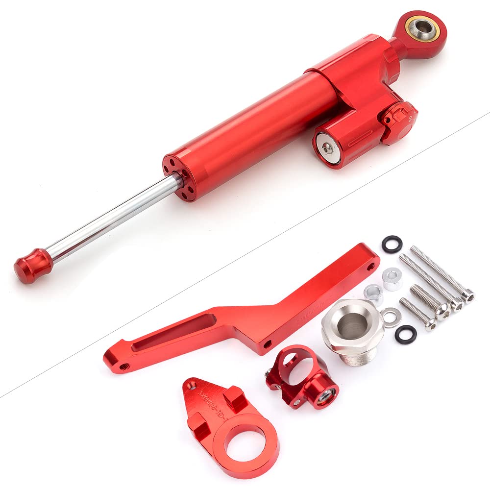 Motorcycle Steering Damper Stabilizer - Adjustable Steering Control with Mounting Bracket Kit for Kawasaki Ninja ZX6R 2009-2019 (Red+Red) | Improves Handling & Safety for Street Racing & Track Days