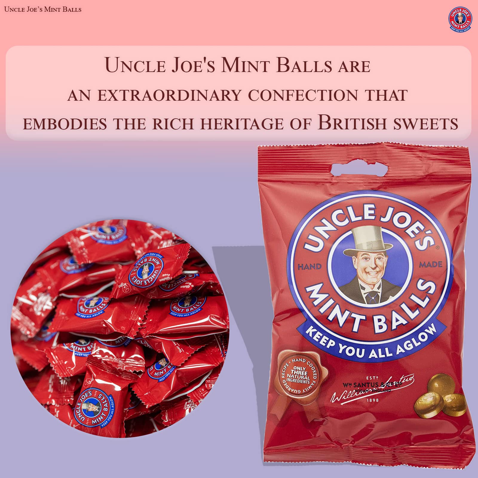 Uncle Joe's Mint Balls - Handcrafted British Hard Candy with Natural Peppermint Oil | Long-Lasting Breath Freshener | Individually Wrapped | 3.17oz (3-Pack) | Perfect for Office, Travel & After-Meal Freshness