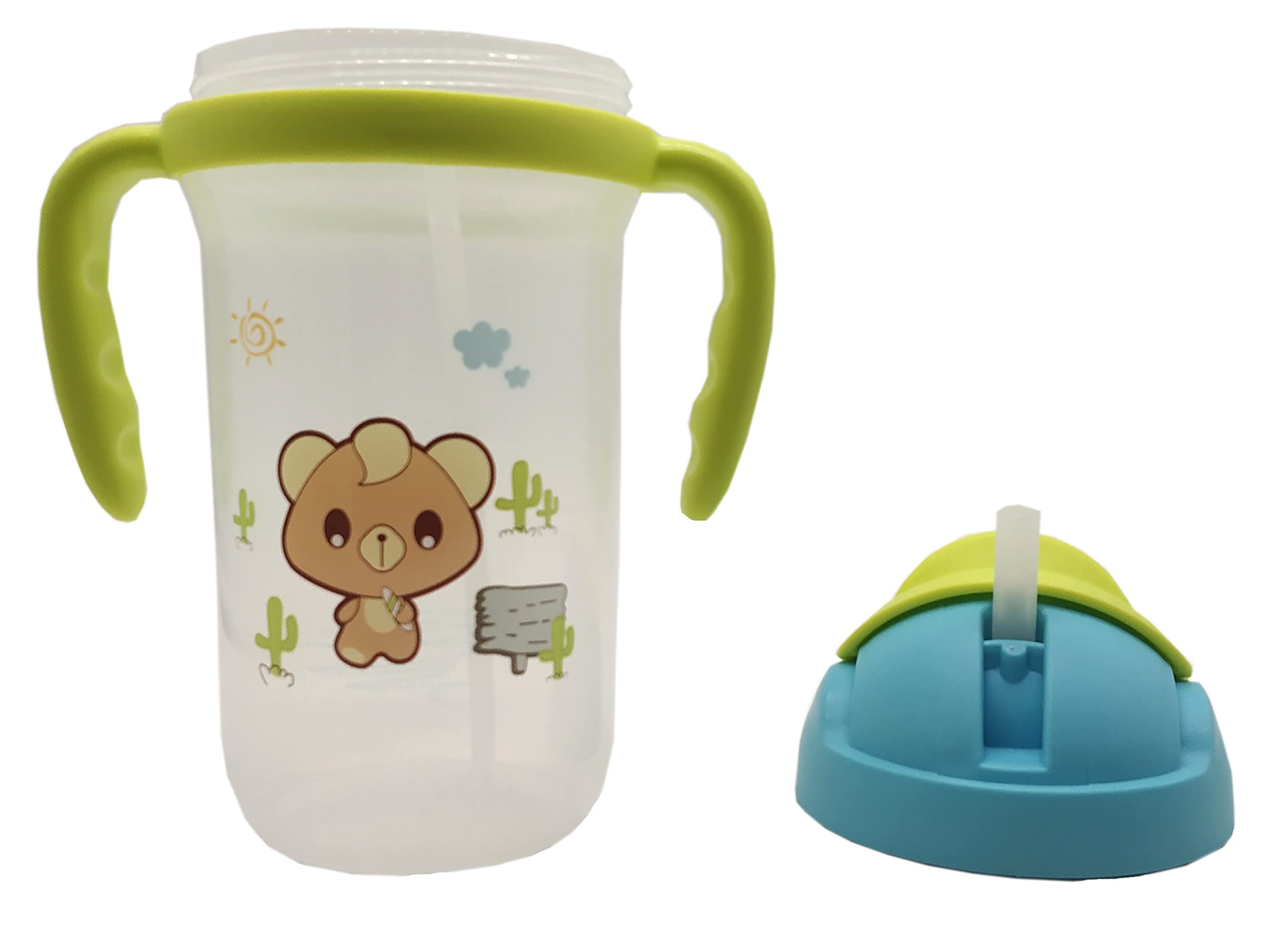 **Leakproof BPA-Free Baby Sipper Bottle with Straw - Durable Twin Handle Non-Toxic Water Bottle for Kids (Girls & Boys) - Cartoon Design, Green - Perfect for Travel, School & Outdoor Activities**