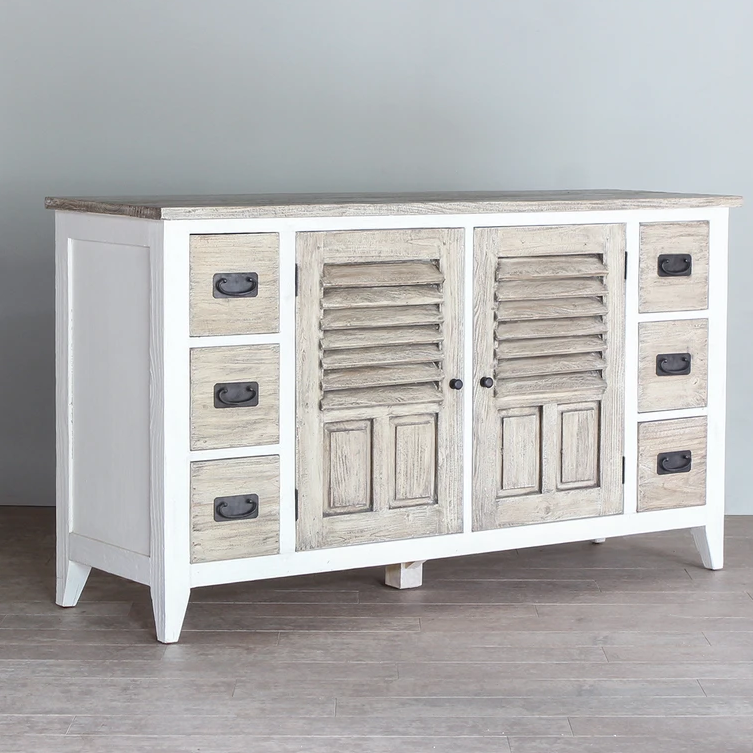 Handmade Indian Solid Mango Wood Sideboard - 2 Doors & 6 Drawers - Ethreal Whites Furniture for Dining Room & Living Room Storage