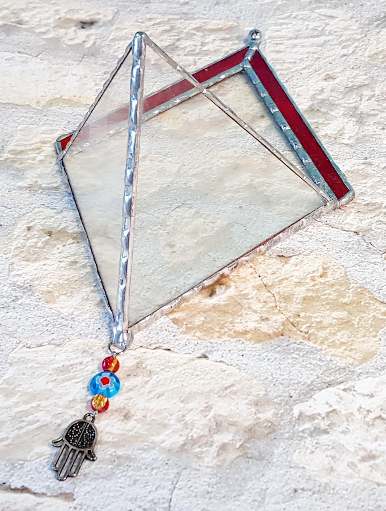 Transparent Diamond-Shaped Stained Glass Terrarium with Red Frame - Indoor Planter for Succulents, Air Plants & Home Decor | Perfect for Gardening, Office Desk & Unique Gift Ideas