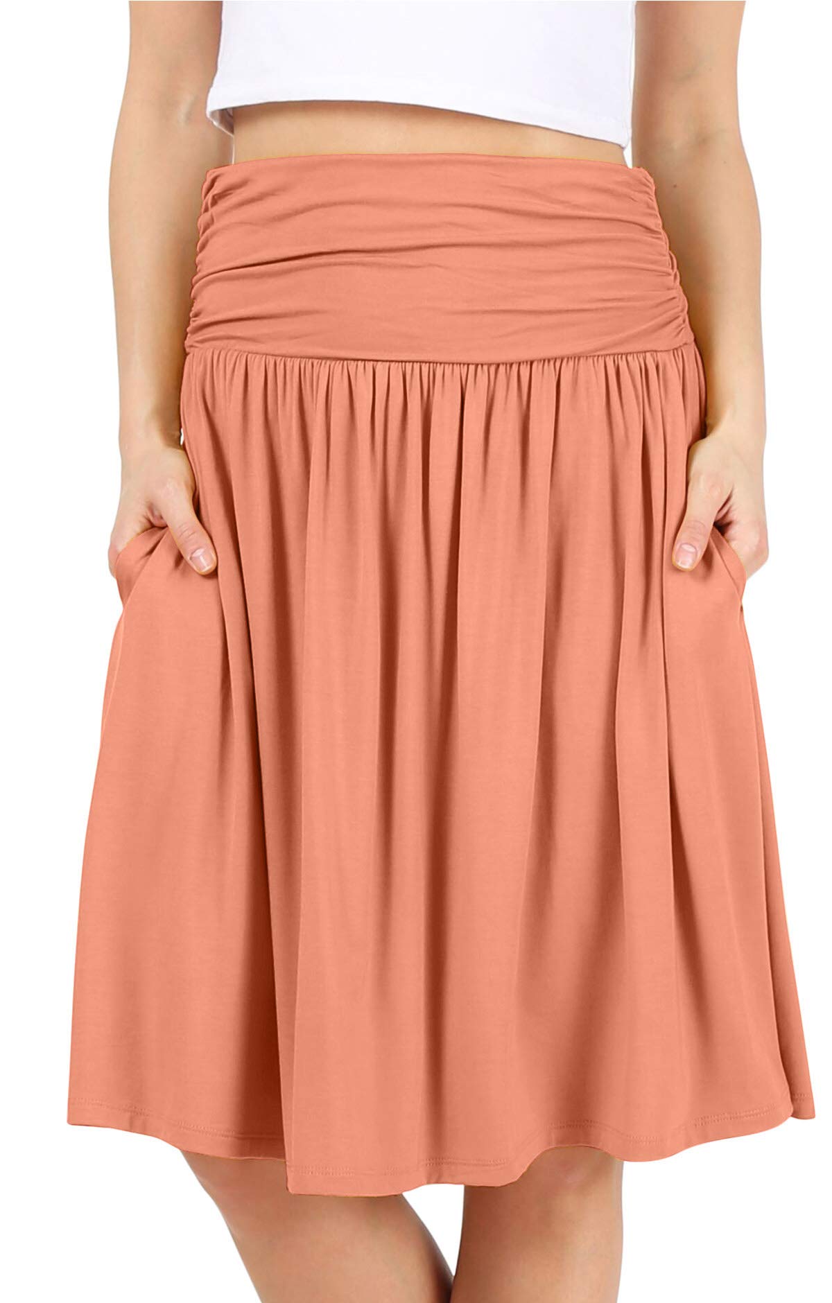 Women's Stretchy Ruched Midi Skirt with Pockets - Regular & Plus Size Below Knee Flowy Skirt for Work, Date Night & Casual Outfits