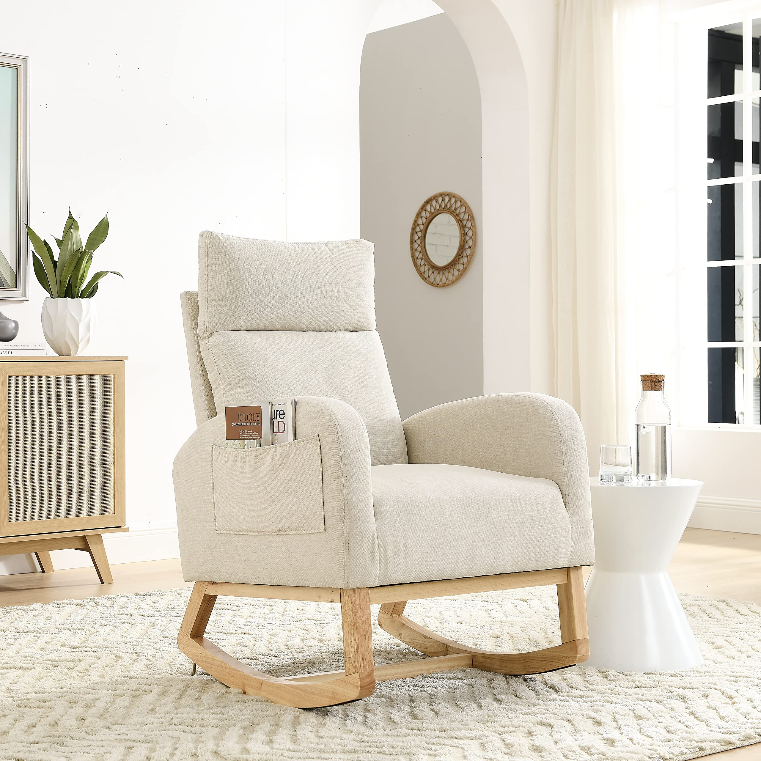 Modern Accent Upholstered Rocking Chair with High Backrest - Comfy Fabric Armchair with Side Pocket & Wood Base - Mid-Century Lounge Chair for Living Room, Office, Nursery - Perfect for Relaxing, Reading & Nursing (Beige)