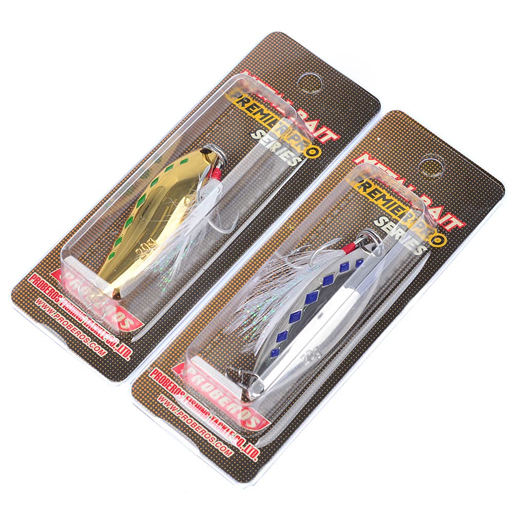 2Pcs Fishing Spoon Lures with Feather Hooks - Gold & Silver Hard Metal Wobble Baits for Bass, Trout, Walleye | Freshwater & Saltwater Fishing Tackle | Ideal for Deep/Shallow Water, Casting, Trolling & Jigging
