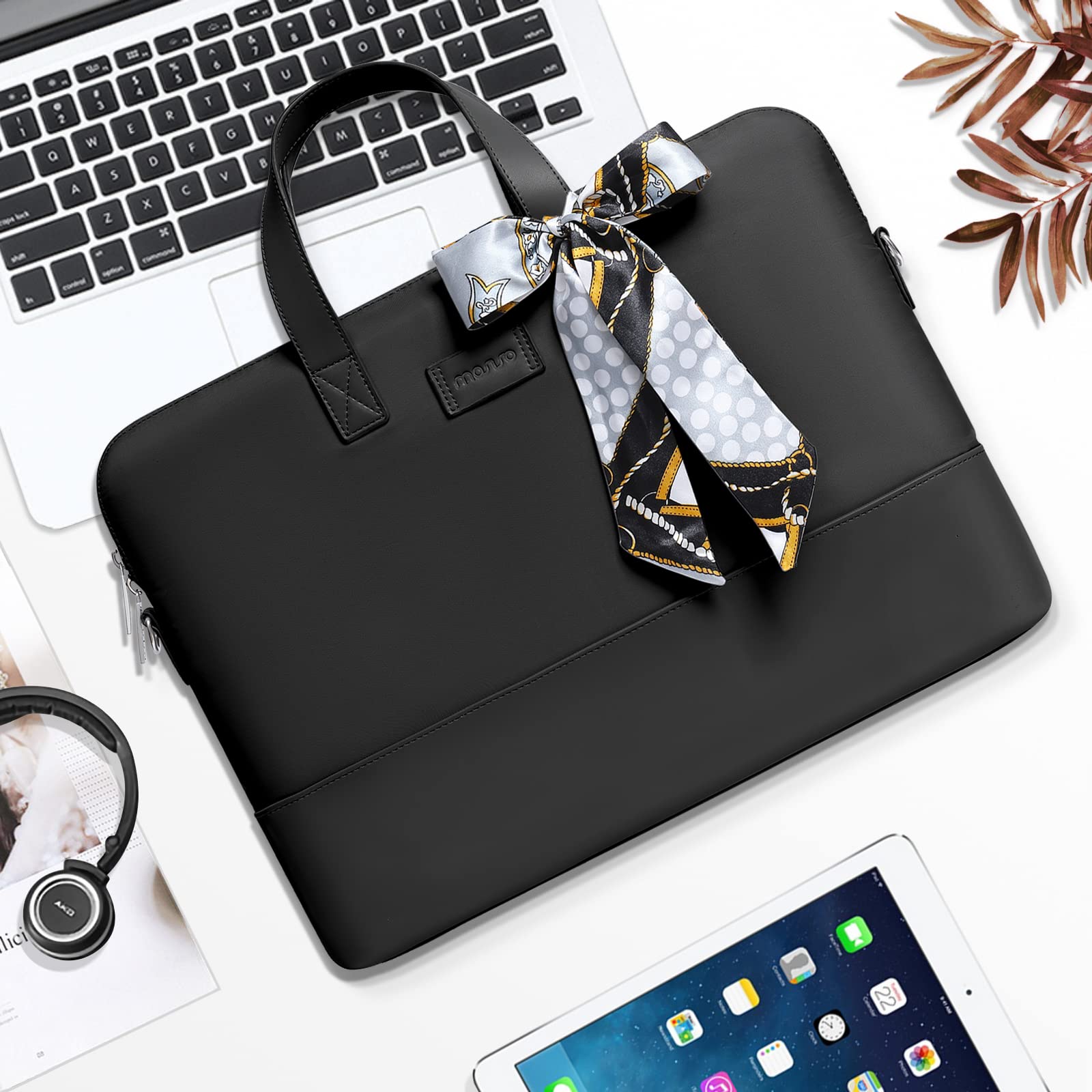 MOSISO 15.6 Inch Laptop Bag for Women - Stylish Computer Briefcase Compatible with MacBook Pro 16 Inch, HP, Dell, Lenovo, Asus, Razer Notebook, Includes Shoulder Strap & Silk Scarf, Black - Perfect for Work, Travel, and Everyday Use