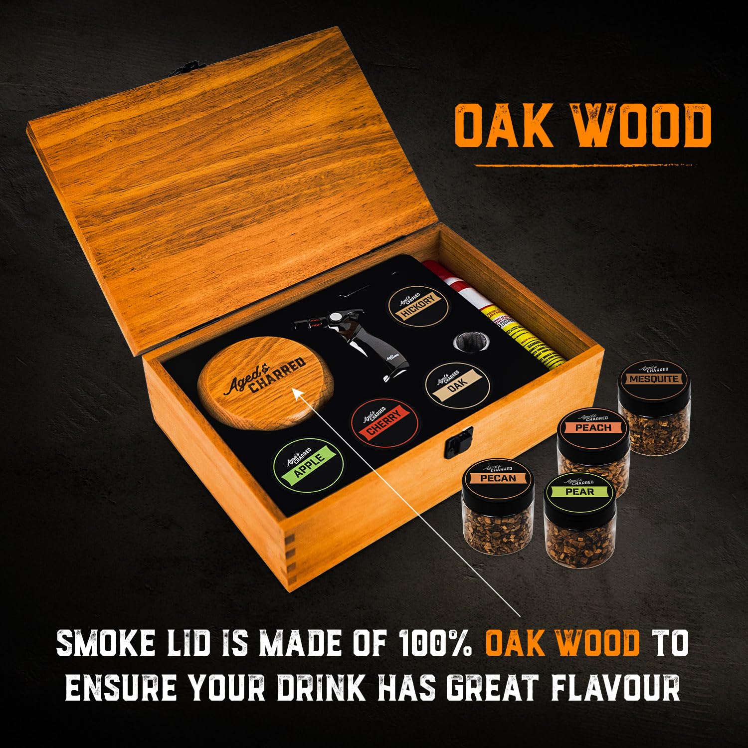 Premium Whiskey Cocktail Smoker Kit with Torch & 8 Flavored Wood Chips - American Oak Cocktail Smoker for Old Fashioned & Bourbon Drinks - Butane Included - Perfect for Home Bars, Gifts for Men & Cocktail Enthusiasts
