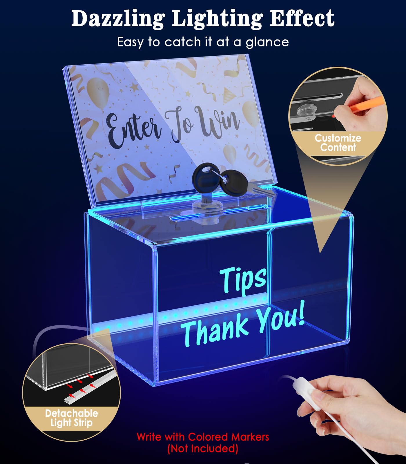 MoKo Lockable Raffle Box with Sign Holder & 100 Cards - Secure Ballot Box for Voting, Party Drawings & Fundraising Events - Includes Detachable Lighted Tip Jar for Bars, Restaurants & Charity Functions