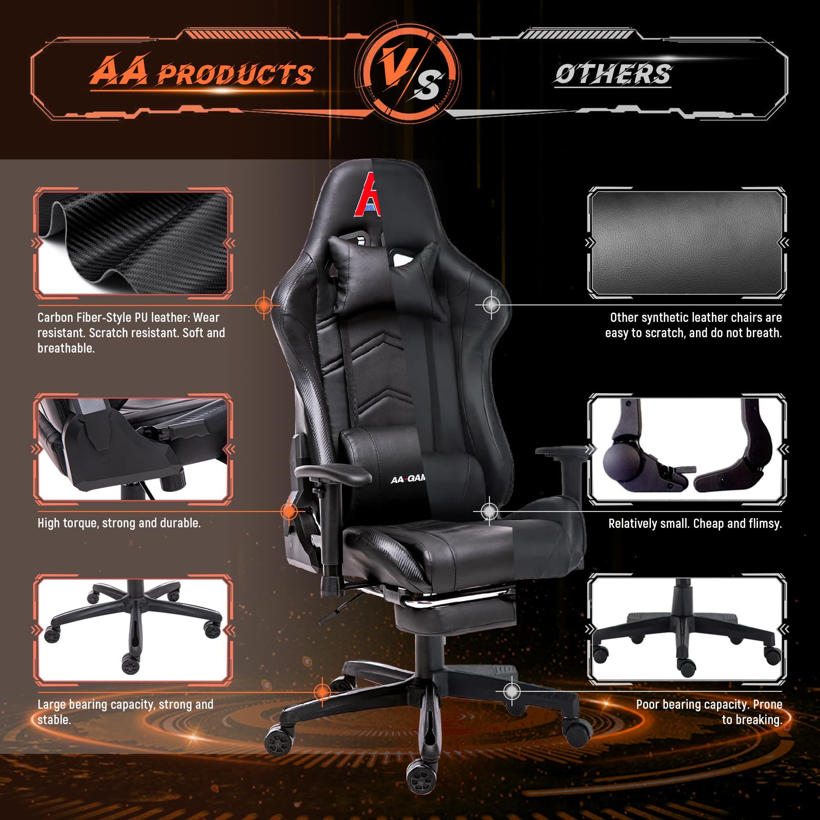 Ergonomic Gaming Chair with High Back, Lumbar Support & Footrest - Adjustable Racing Style Computer Chair for Office & Home Gaming Setup - Black - Perfect for PC Gamers, Streamers & Esports Enthusiasts