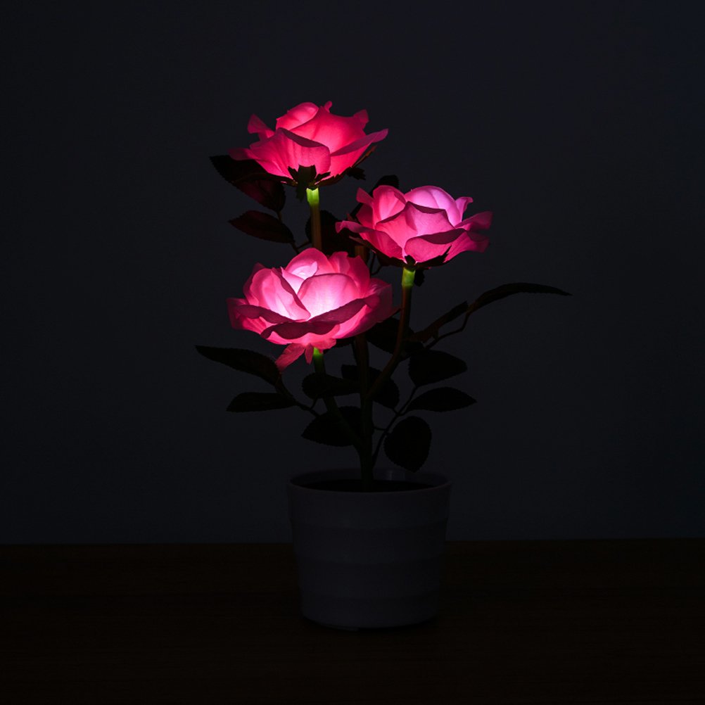 Solar LED Rose Table Lamp - 3 Flexible Lights for Room & Desk Decor (Pink) - Perfect for Bedroom & Office