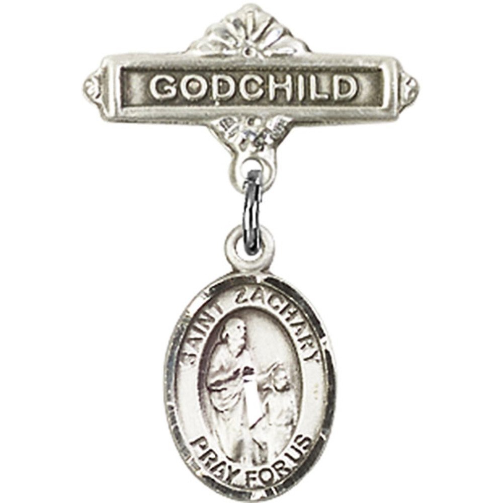 1 X 5/8 Inch Sterling Silver Baby Badge with St. Zachary Charm & Godchild Pin - Perfect for Christenings, Baptisms & Special Occasions
