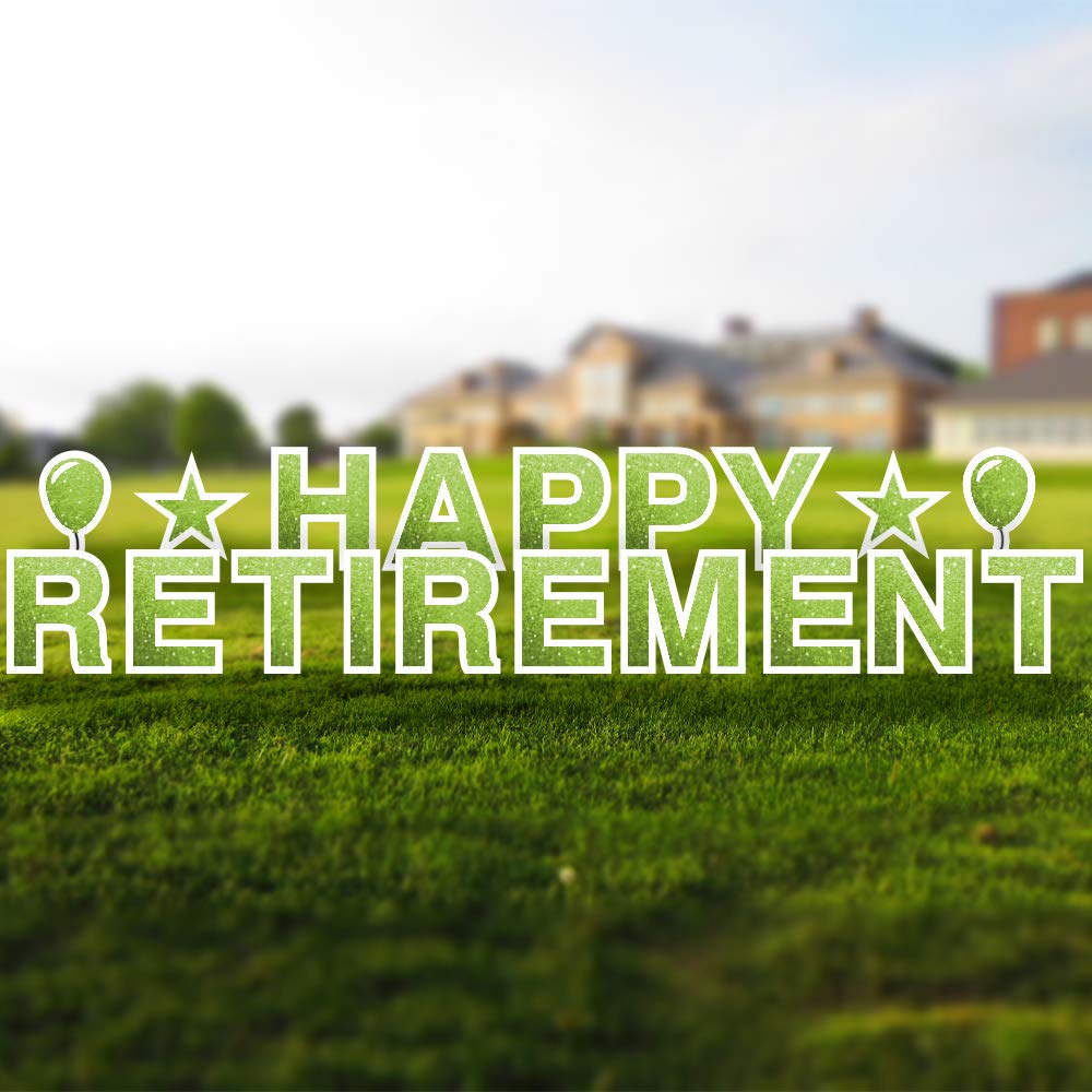 Happy Retirement Yard Sign – 18 Inch Tall Corrugated Plastic Retirement Decoration with Stakes & Emojis, Faux Glitter Lime Green – Perfect Outdoor Retirement Party Decor & Gift for Retirees