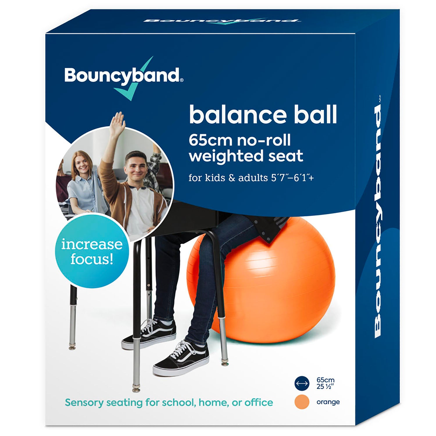 Bouncyband 65cm Balance Ball Chair - Active Sitting for Kids & Adults, Ergonomic Stability Ball Seat for Home & Office, Orange - Perfect for ADHD, Yoga & Classroom Focus