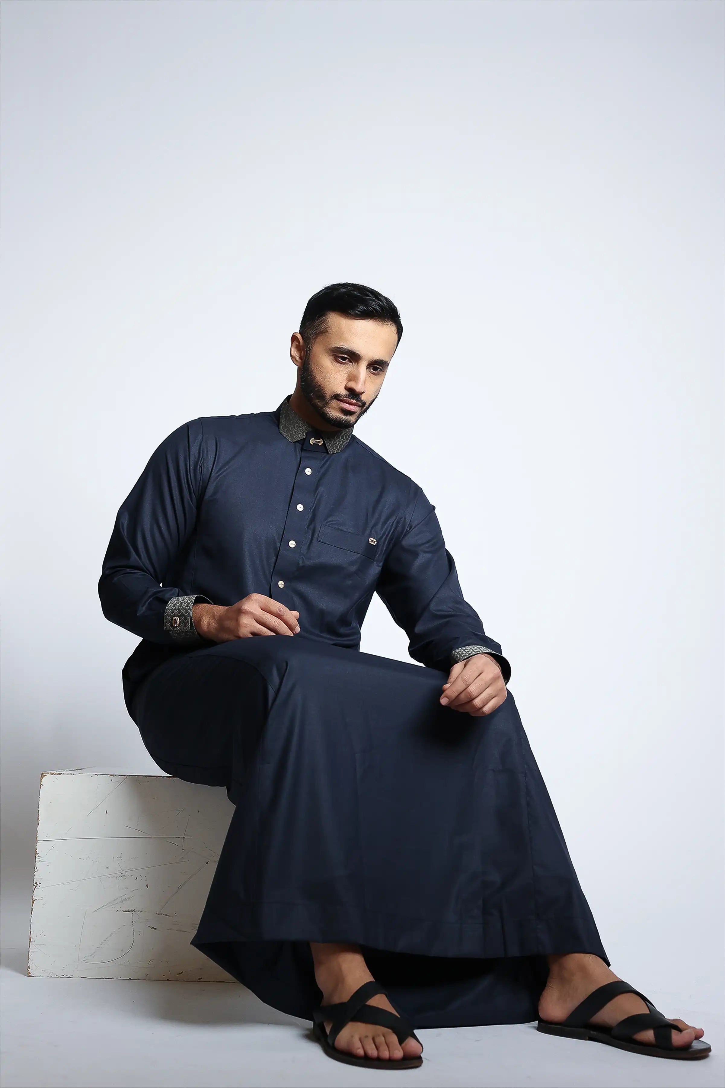 J153 Diplomatic Blue Cutaway Thobe - Premium Embroidered Arabic Robe for Men - Perfect for Weddings, Eid, and Formal Events