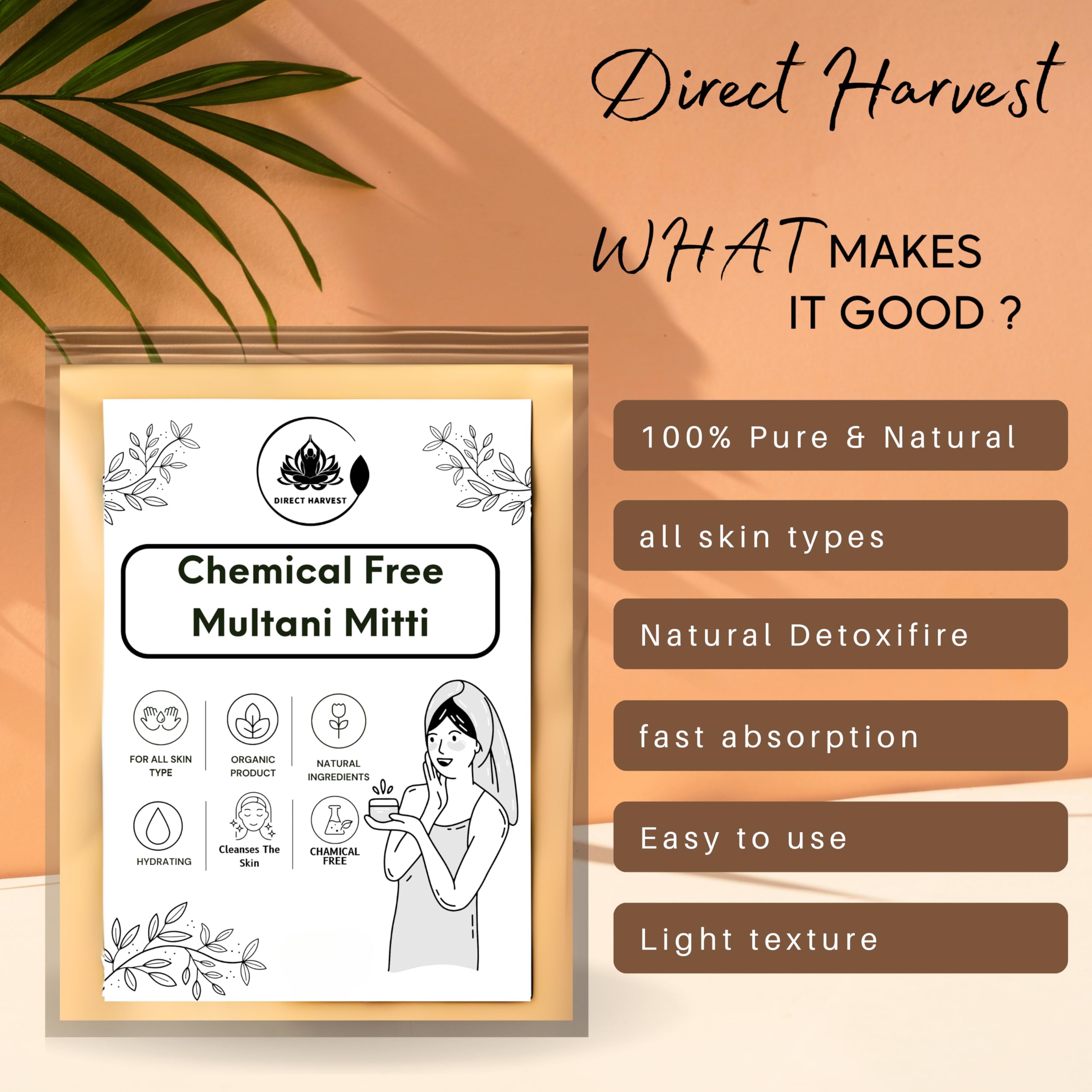 DirectHarvest Multani Mitti Powder 250g - Pure Fuller's Earth Clay for Face Mask & Skin Detox | Natural Bentonite Clay for Glowing Skin, Acne Treatment & Deep Cleansing | Perfect for DIY Spa, Facials & Beauty Routine