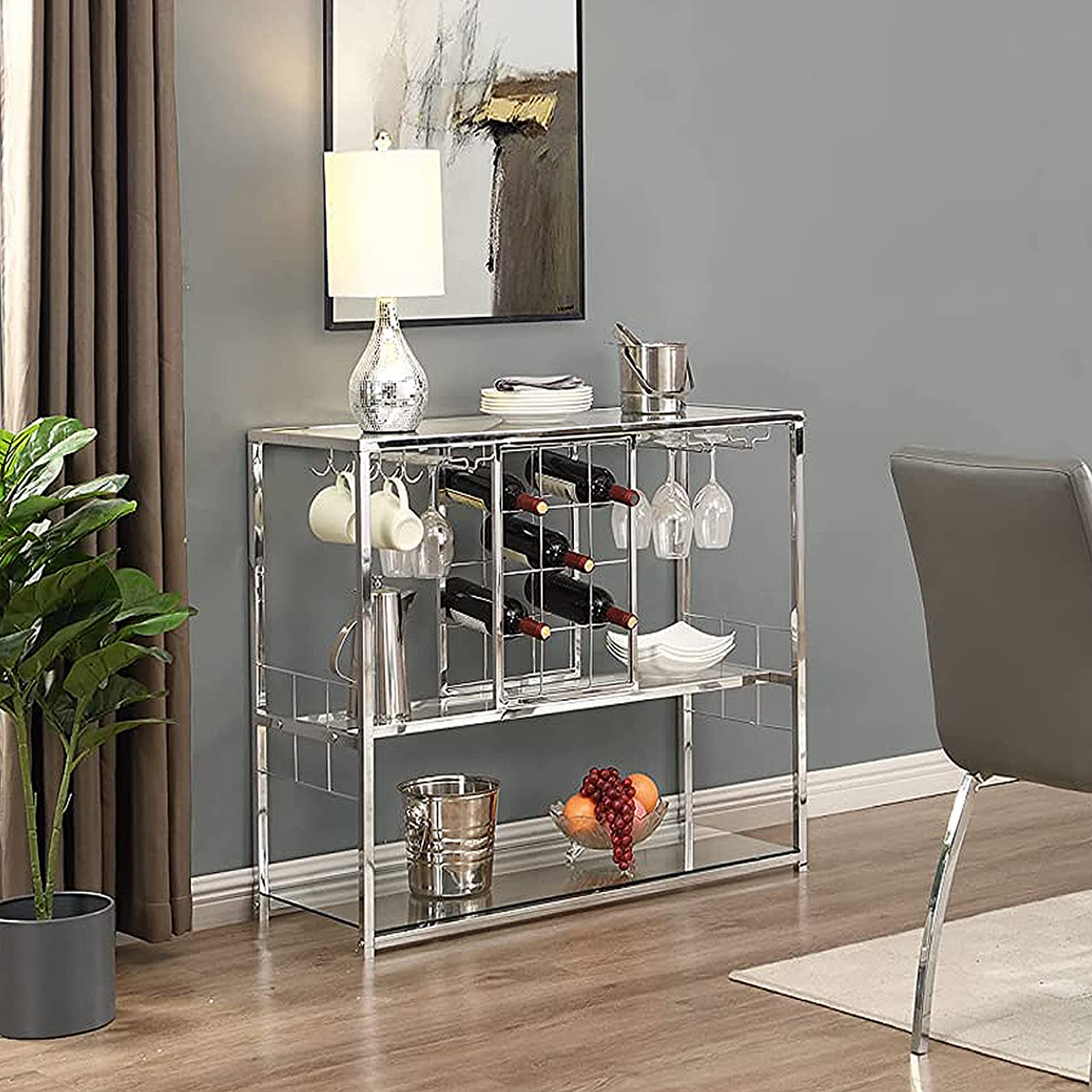 Modern Metal Wine Bar Cabinet with Glass Holder & 12-Bottle Storage - Wine Rack Table with Glass Shelves for Home, Kitchen & Dining Room - Perfect for Entertaining, Wine Display & Organized Liquor Storage