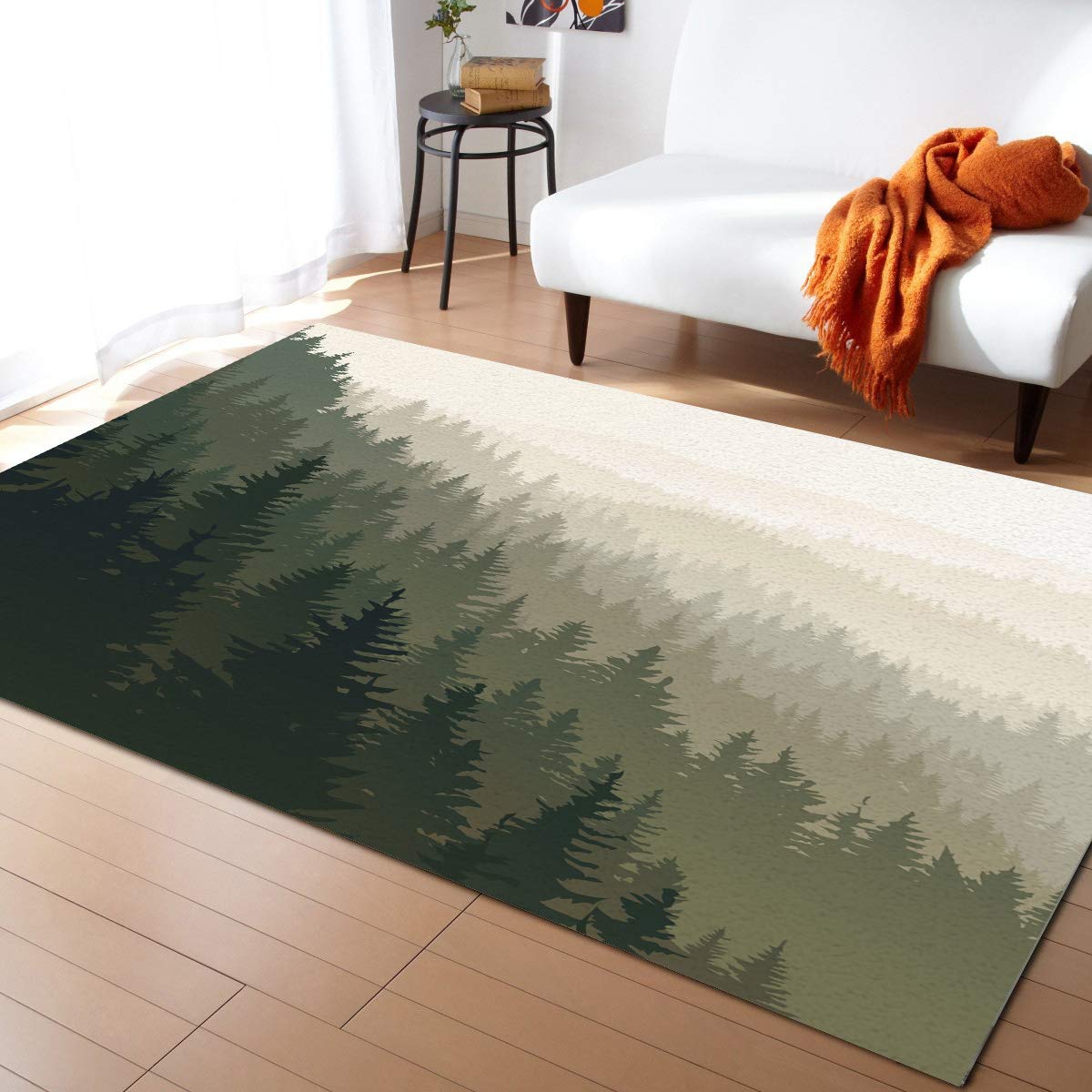 5' x 7' Large Area Rugs for Nursery, Kids Room - Scandinavian Woodland Design with Coniferous Trees - Soft Throw Carpet for Living Room, Bedroom, Kitchen Runner - Modern Floor Covering for Home Decor & Play Areas