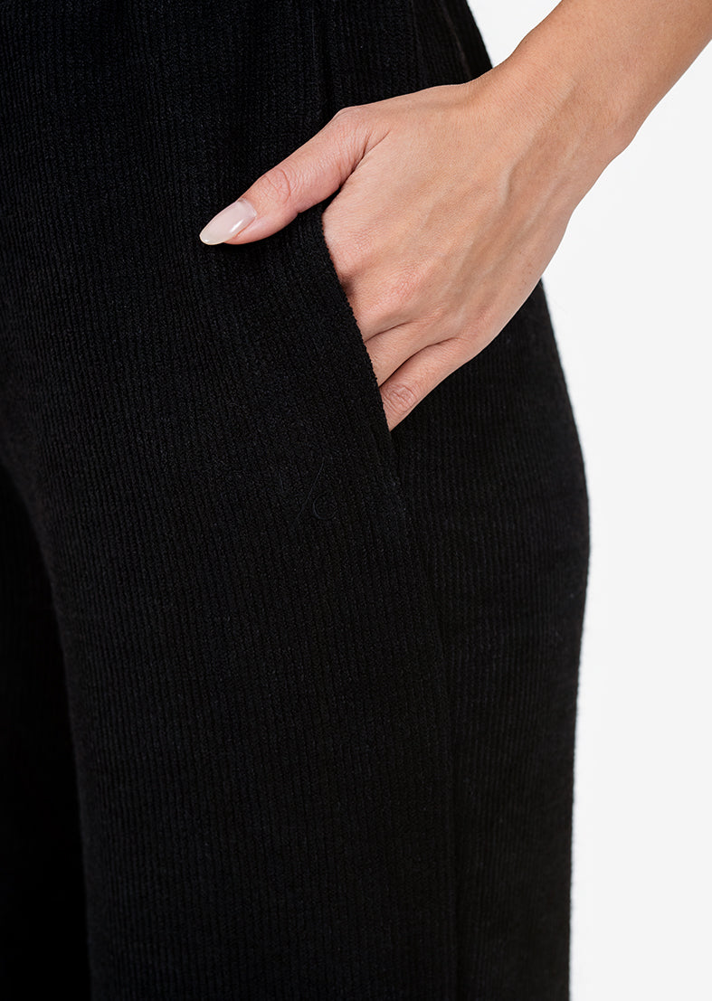 Soft Rib Knit Lounge Palazzo Pants for Women - Black | Comfortable Wide Leg Stretch Pants for Yoga, Home, and Casual Wear