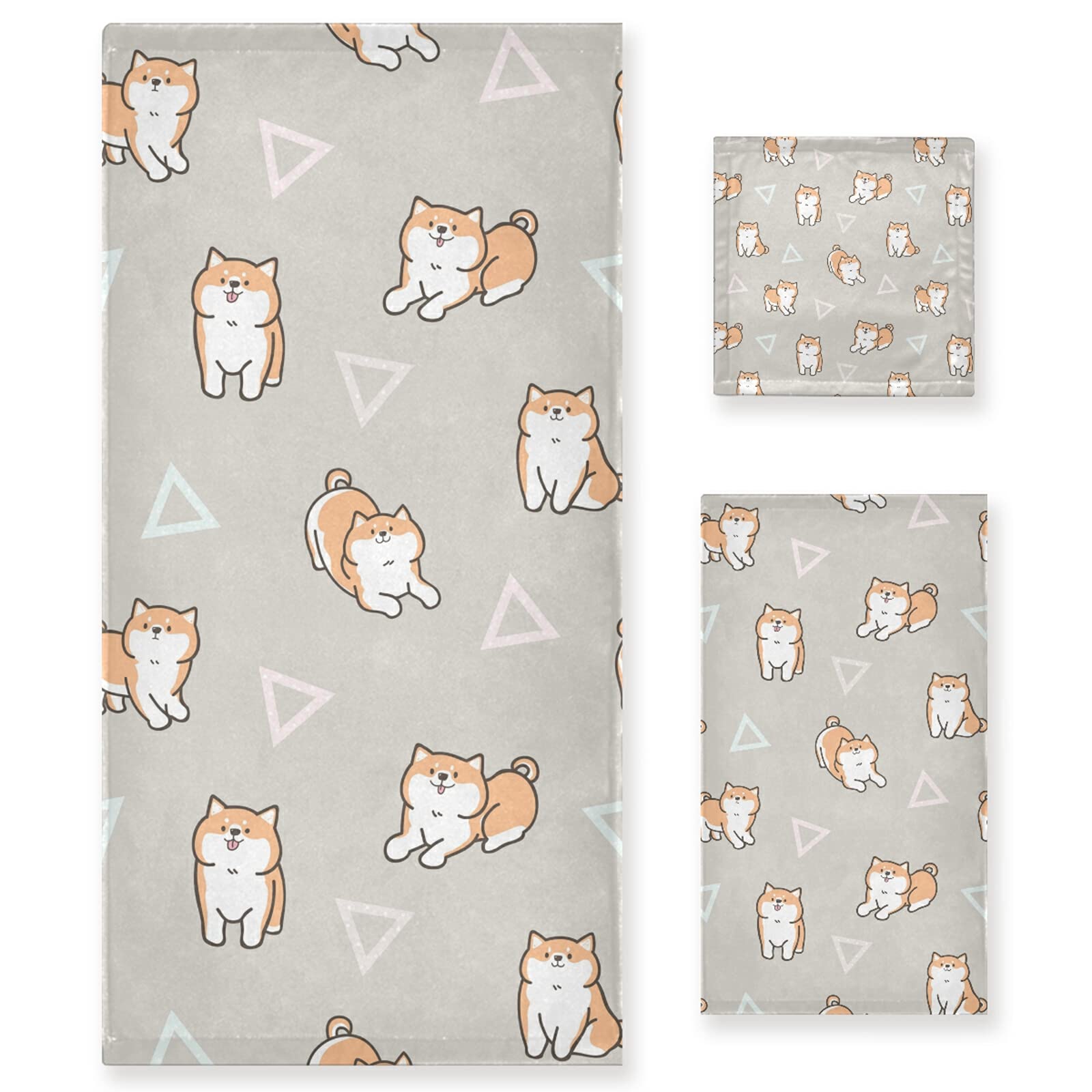 Cute Cartoon Shiba Inu Dog Towel Set - 3 Piece Bathroom Towel Set (1 Bath Towel, 1 Hand Towel, 1 Washcloth) - Soft Absorbent Microfiber Towels for Bath, Spa, Gym & Pet Lovers Home Decor
