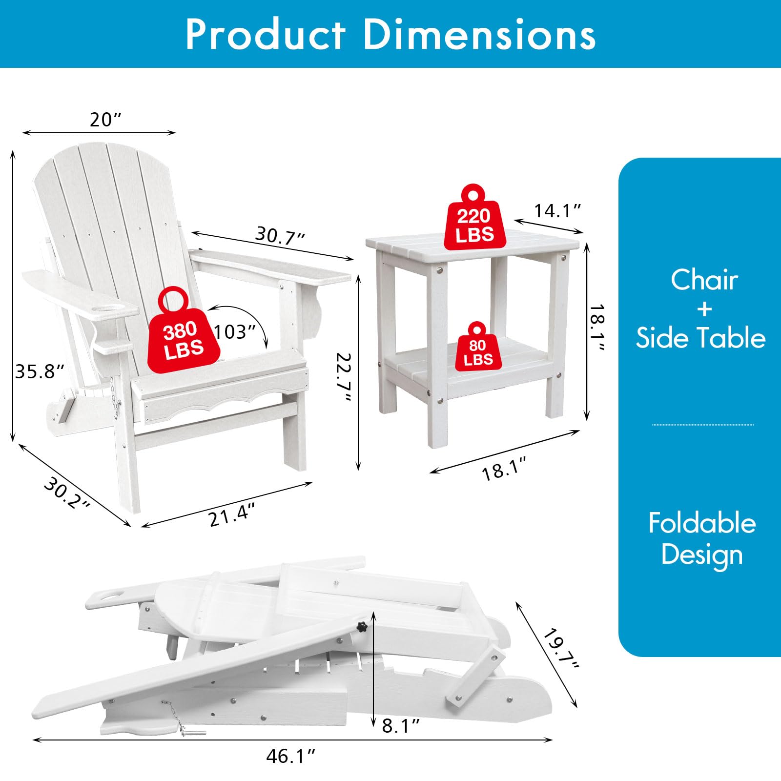 **Folding Adirondack Chairs with Side Table - Weather-Resistant Modern Outdoor Chairs for Patio, Porch, Deck, Garden & Fire Pit - Perfect for Relaxing & Lounging**