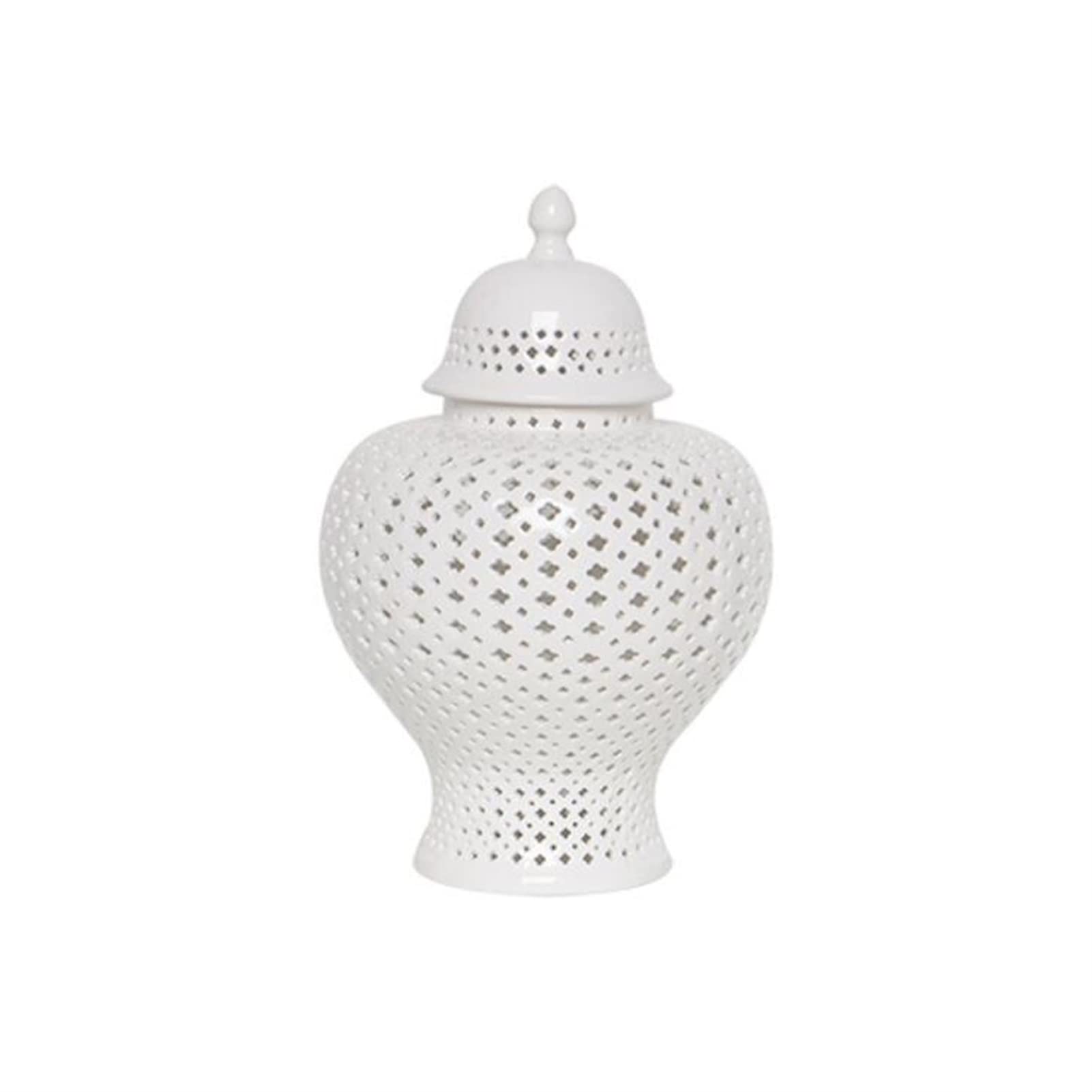 ARTLINE Traditional Chinese Ceramic Ginger Jar with Lid - Handmade White Glossy Carved Lattice Decorative Temple Jar | Carthage Pierced Covered Lantern | Perfect for Home Decor, Wedding Centerpieces & Asian-Inspired Interior Design