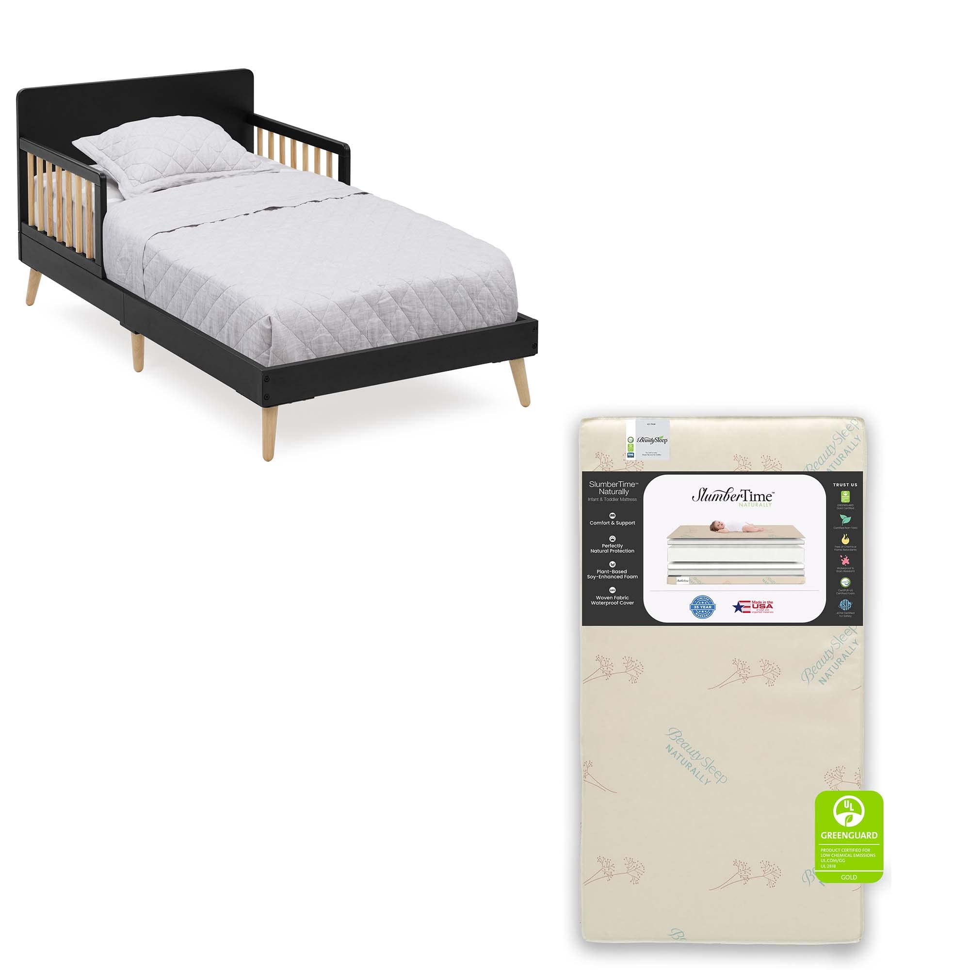Delta Children Logan Wood Toddler Bed with Simmons Kids SlumberTime Naturally 2-Stage Premium Foam Mattress - Waterproof, GREENGUARD Gold Certified - Midnight Grey/Natural - Perfect for Nursery, Daycare & Toddler Bedroom Transition