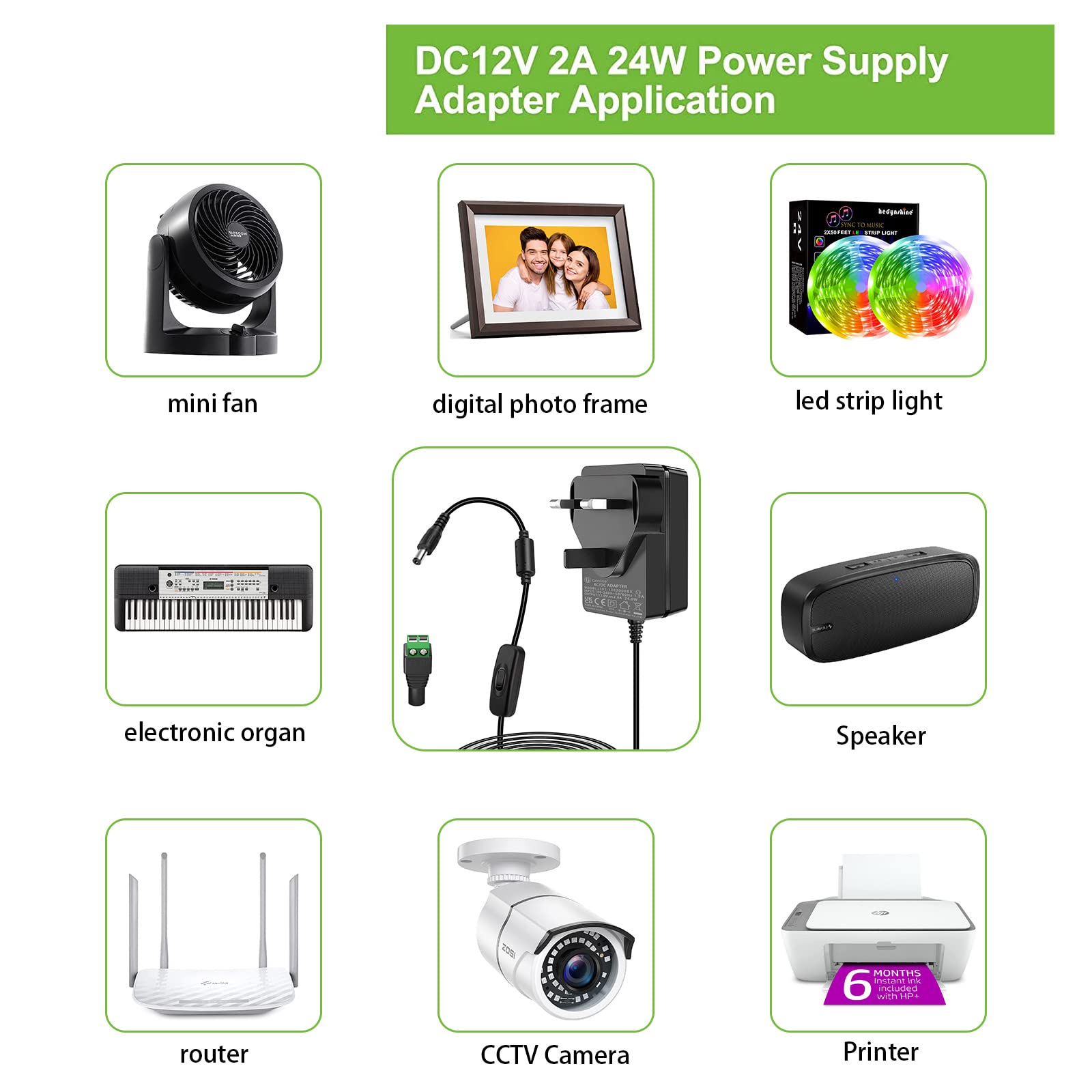 Gonine 12V 2A Power Supply AC Adapter with On/Off Switch - 100-240V AC to 12V DC Converter with 5.5x2.1mm Jack - for LED Strip Lights, CCTV Cameras, Security Systems, Routers & Home Electronics - Perfect for Indoor & Outdoor Lighting Installations