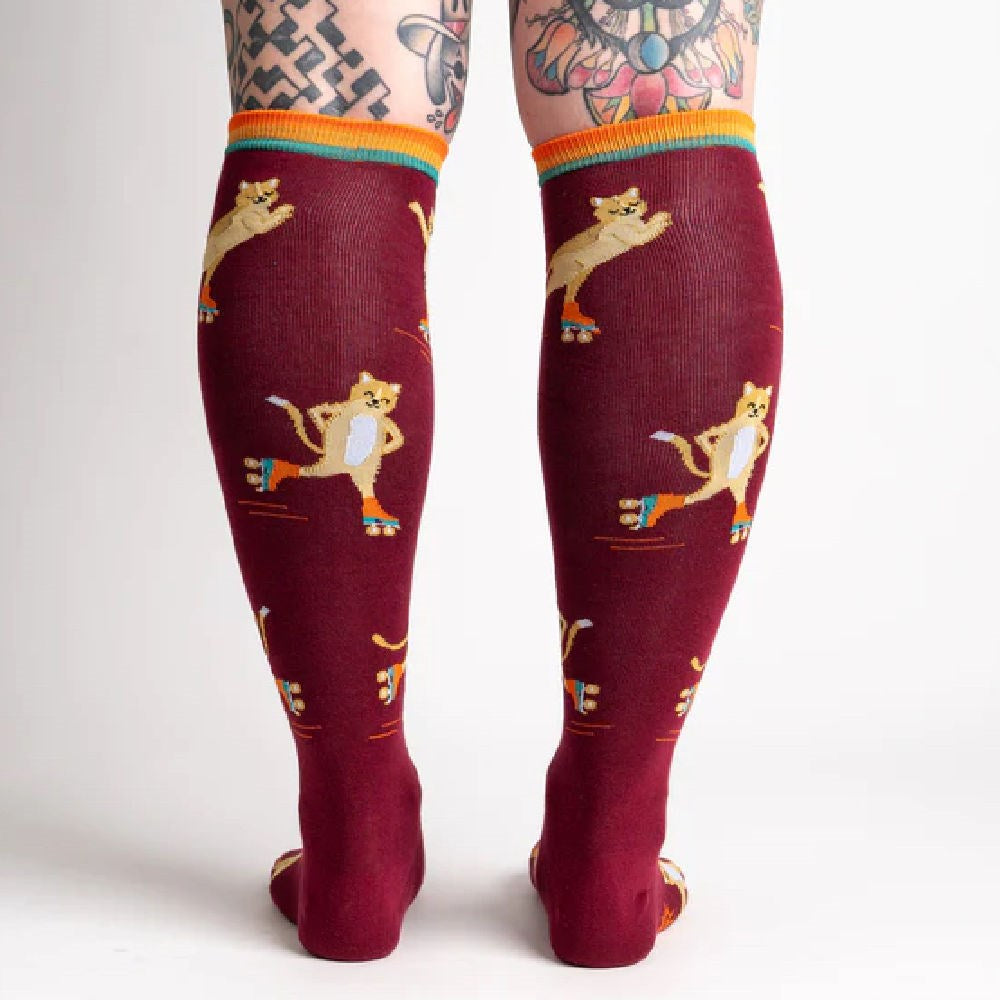 Fun Roller Cats Knee High Socks for Women - Cute Cat Print Novelty Socks - Perfect for Skating, Cosplay & Casual Wear