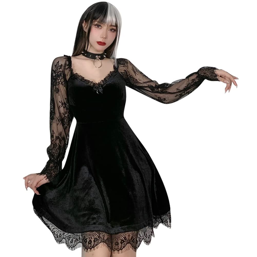 IDOPIP Gothic Lolita Floral Lace Long Sleeve Velvet Dress for Women - Elegant Black Suede Ruched Party Gown | Perfect for Wedding Guest, Evening Events & Gothic Fashion