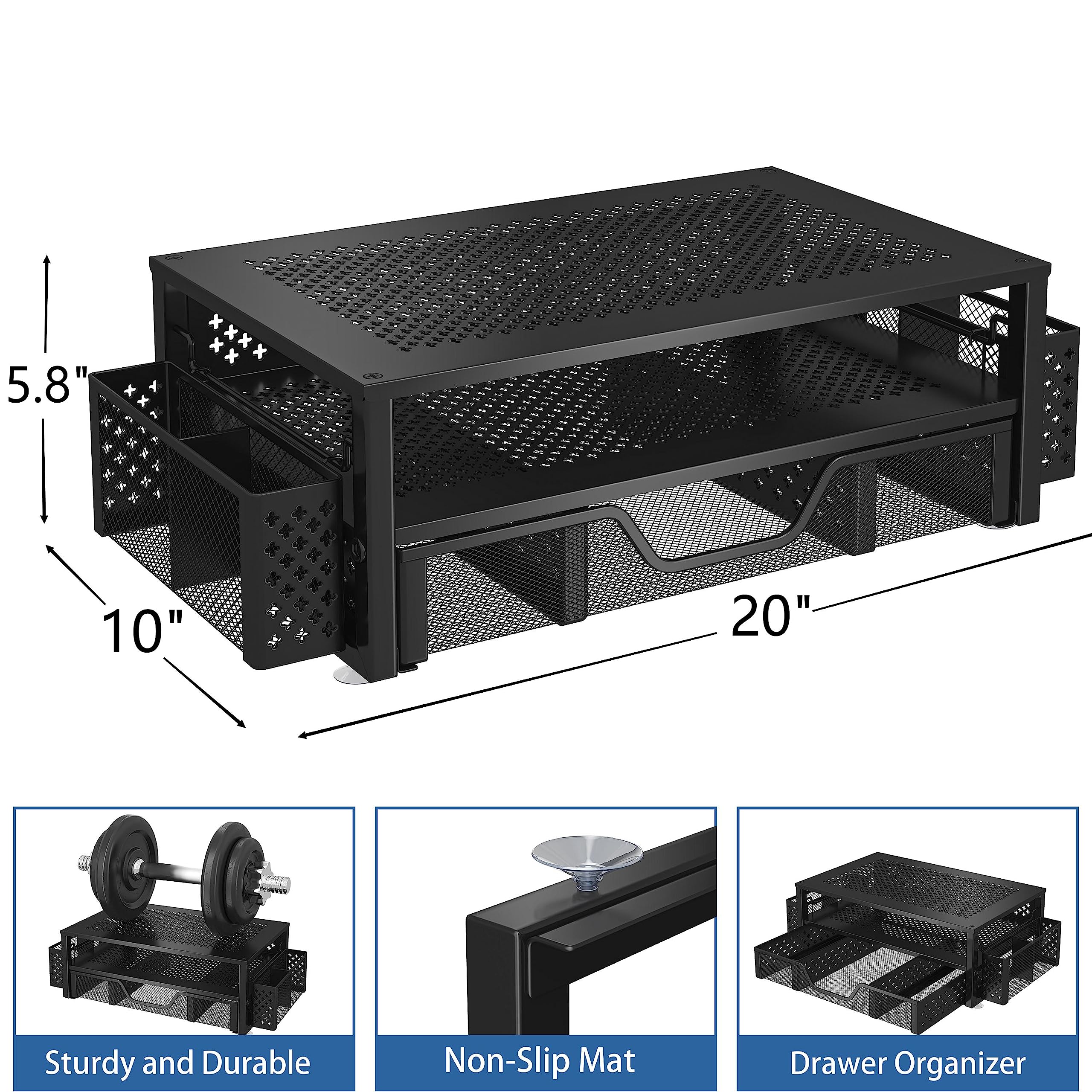 2-Tier Metal Monitor Stand & Desk Organizer with Drawer - Black | Ergonomic Riser for Laptop, Computer, iMac | Perfect for Home Office, Gaming Setup & Workspace Organization