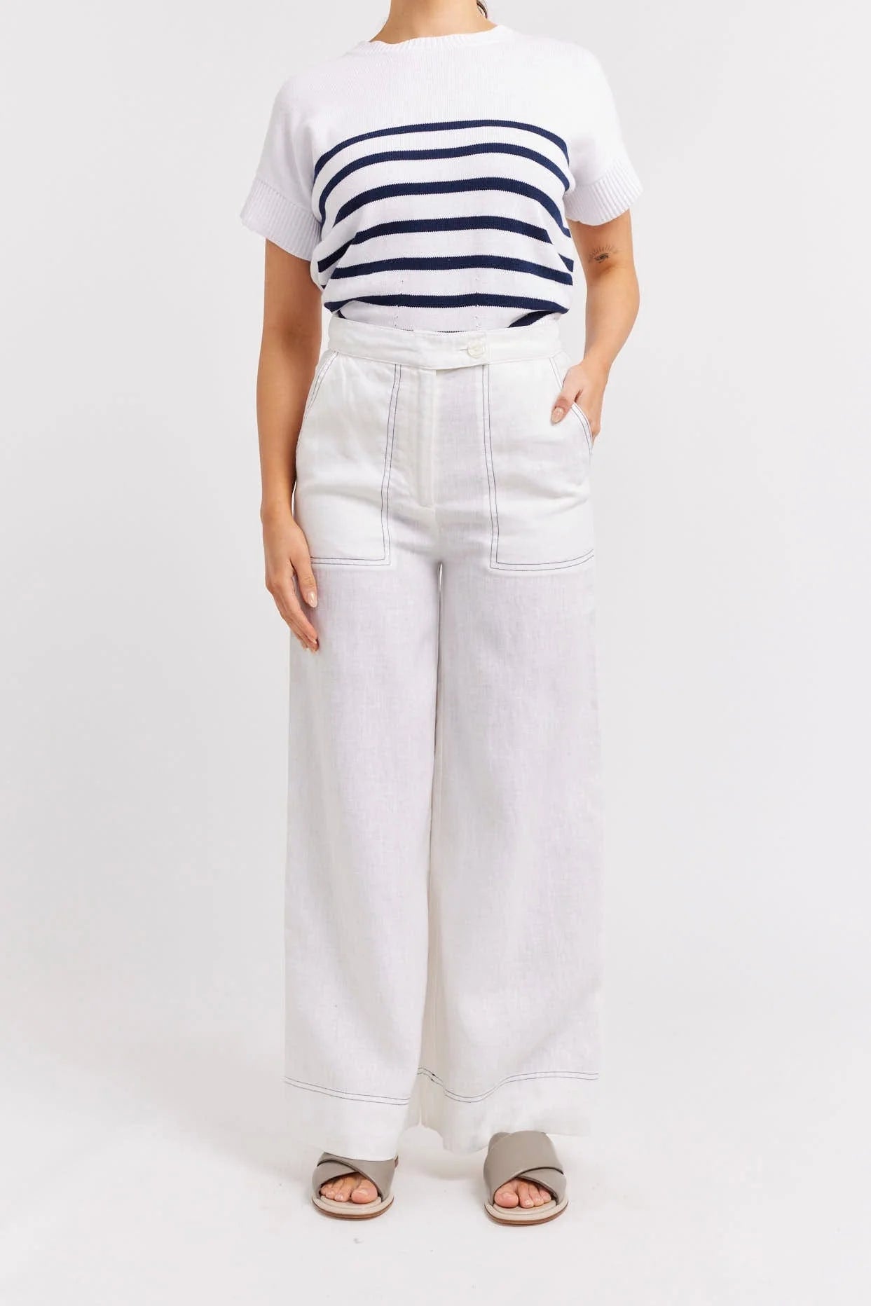 CLIO Linen Pants for Women - High Waisted Wide Leg Trousers in White | Breathable Summer Pants for Office, Travel & Casual Wear