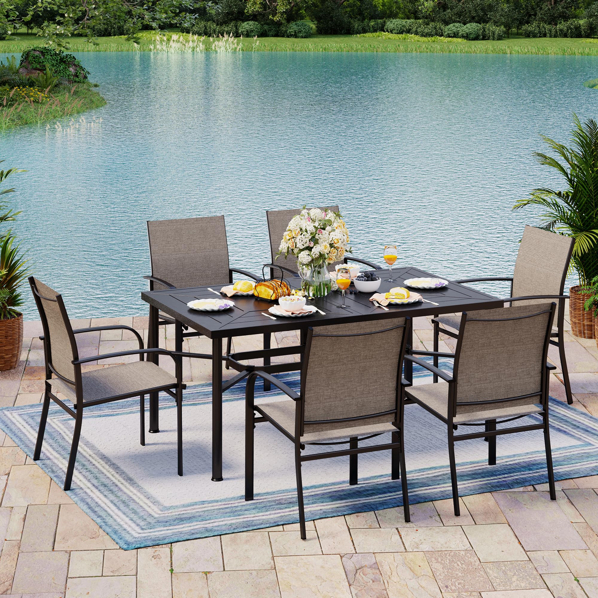 7-Piece Outdoor Dining Set with 6 Brown Textilene Chairs & Metal Rectangle Table - Patio, Garden, Backyard, Poolside Furniture for Al Fresco Dining & Entertaining
