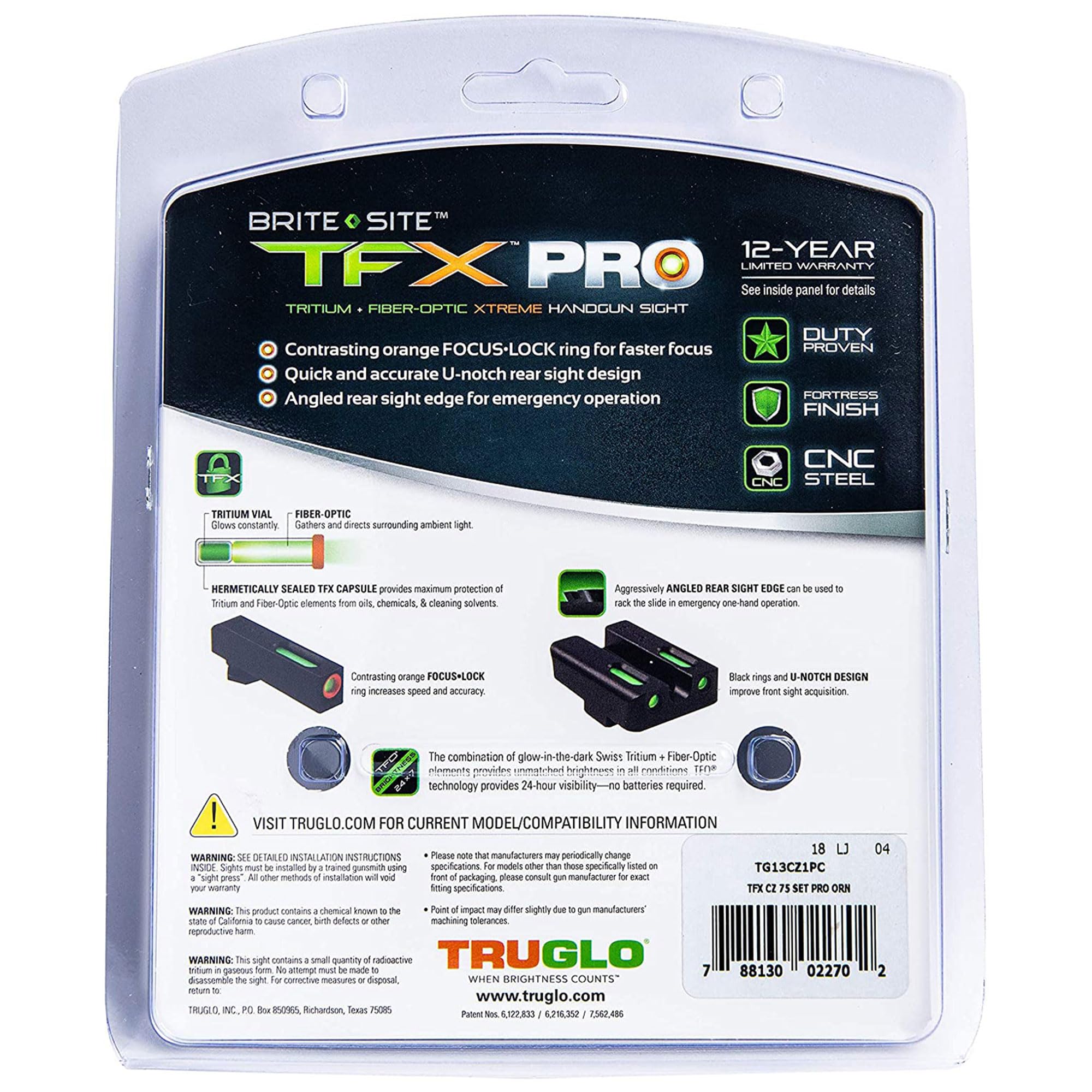 TruGlo TFK Pro Fiber Optic & Tritium Handgun Sights (3 Pack) - Fortress Finish Protection, Angled Rear Sight for CZ 75 Pistols - Perfect for Low Light Shooting, Tactical Training & Home Defense
