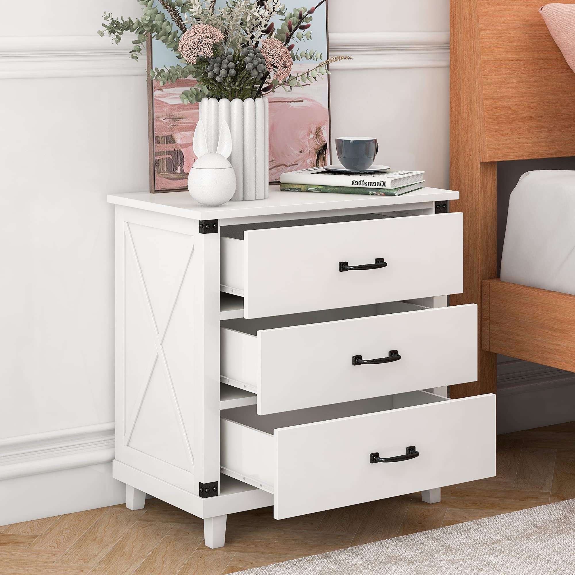 Modern Wood Nightstand with 3 Drawers - Round Tapered Legs Bedside Table for Bedroom, Living Room & Hallway - White Storage End Table (Perfect for Small Spaces, Apartment Decor & Guest Rooms)
