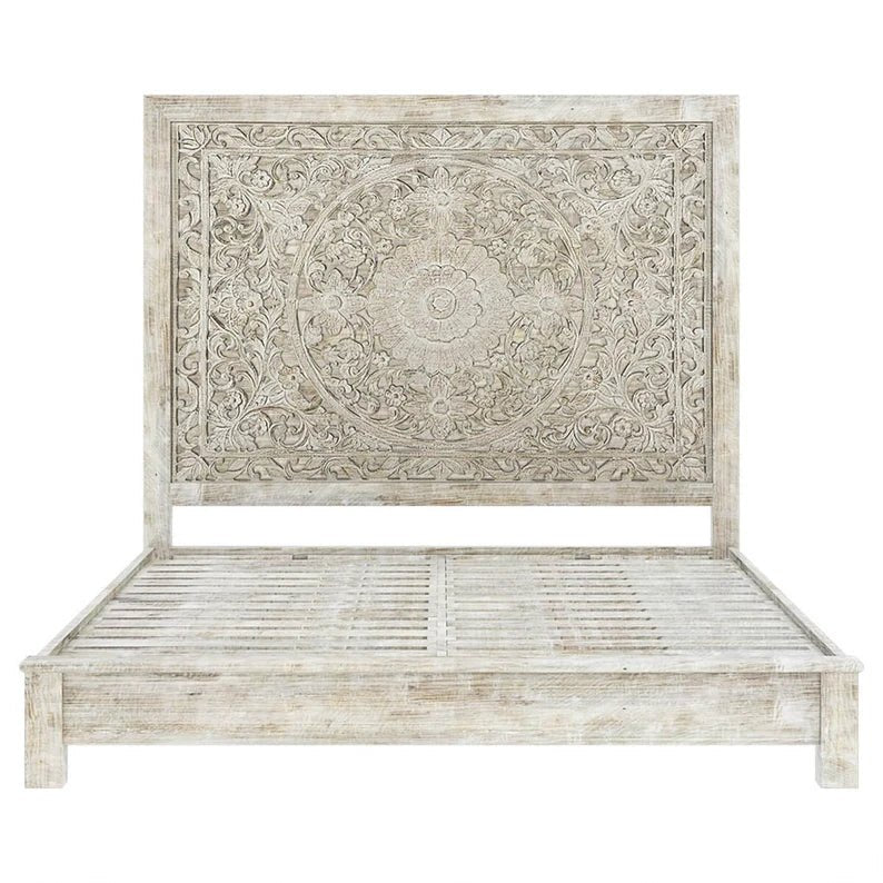 Hand Carved Rustic Solid Wood Bed Frame with White Headboard - Perfect for Farmhouse, Cottage & Vintage Style Bedrooms