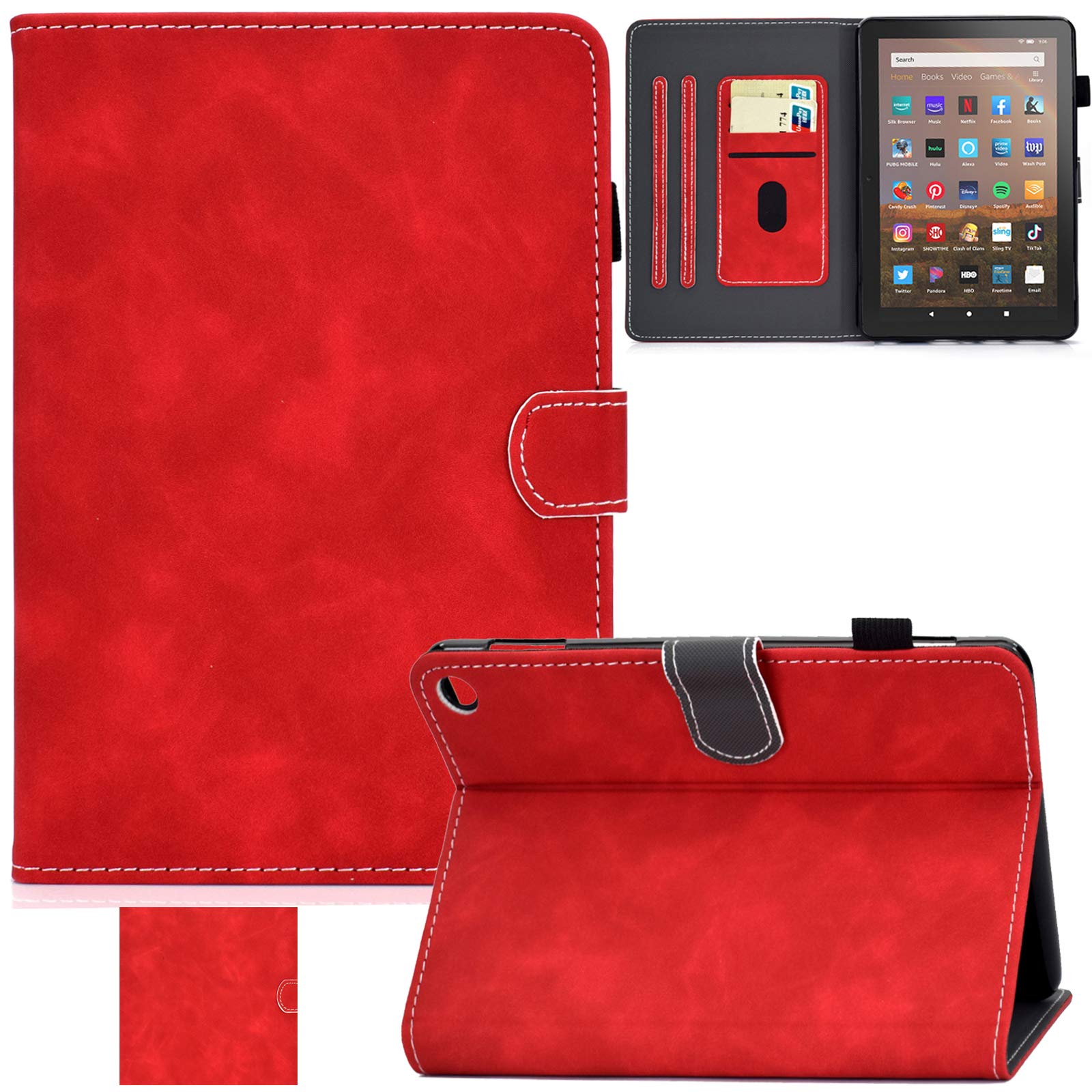 Premium PU Leather Case for Kindle Fire HD 8/HD 8 Plus (10th/12th Gen 2020-2024) - Auto Sleep/Wake, Card Slots & Foldable Stand - Perfect for Reading, Travel & Work (Red)
